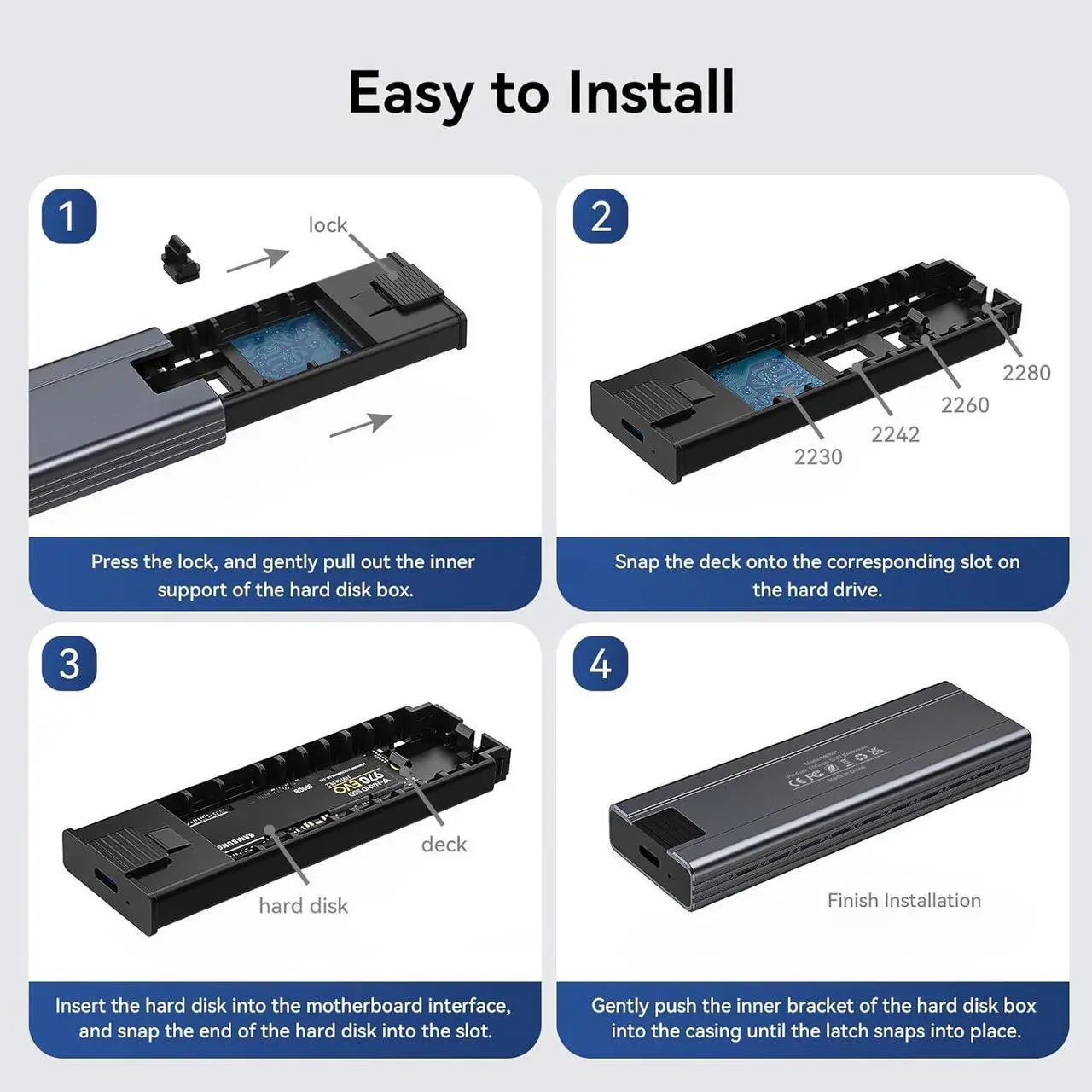 Alt view image 7 of 7 - Minisopuru 10Gbps M.2 NVMe SSD Enclosure, Max 8TB Tool-Free USB-C Aluminum NVMe Enclosure Compatible with M1 M2 Pro/Max Mac, M.2 Enclosure Support M/B+M Keys ( 2230/2242 /2260/2280).