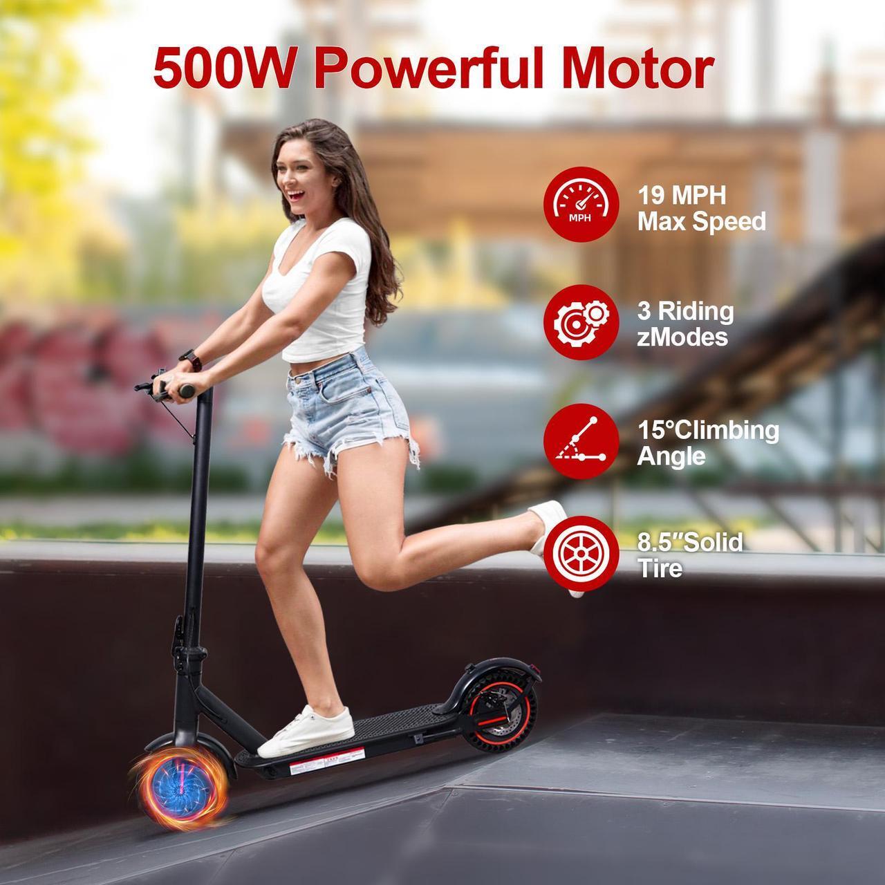 Alt view image 2 of 7 - CUNFON Electric Scooter - 500 Watt Motor, 8.5 Inch Pneumatic Tires, 17-21 Mile Range, 19 MPH Speed, Dual Braking System and APP, Foldable Commuter Electric Scooter, Black and Red