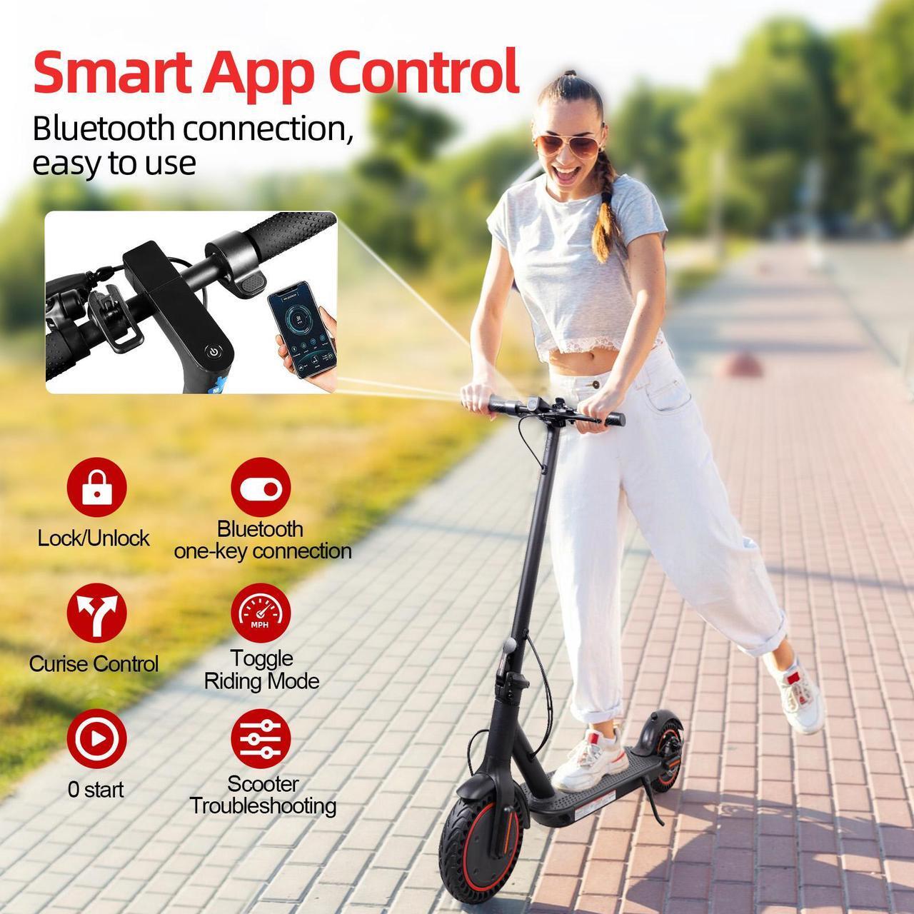 Alt view image 4 of 7 - CUNFON Electric Scooter - 500 Watt Motor, 8.5 Inch Pneumatic Tires, 17-21 Mile Range, 19 MPH Speed, Dual Braking System and APP, Foldable Commuter Electric Scooter, Black and Red