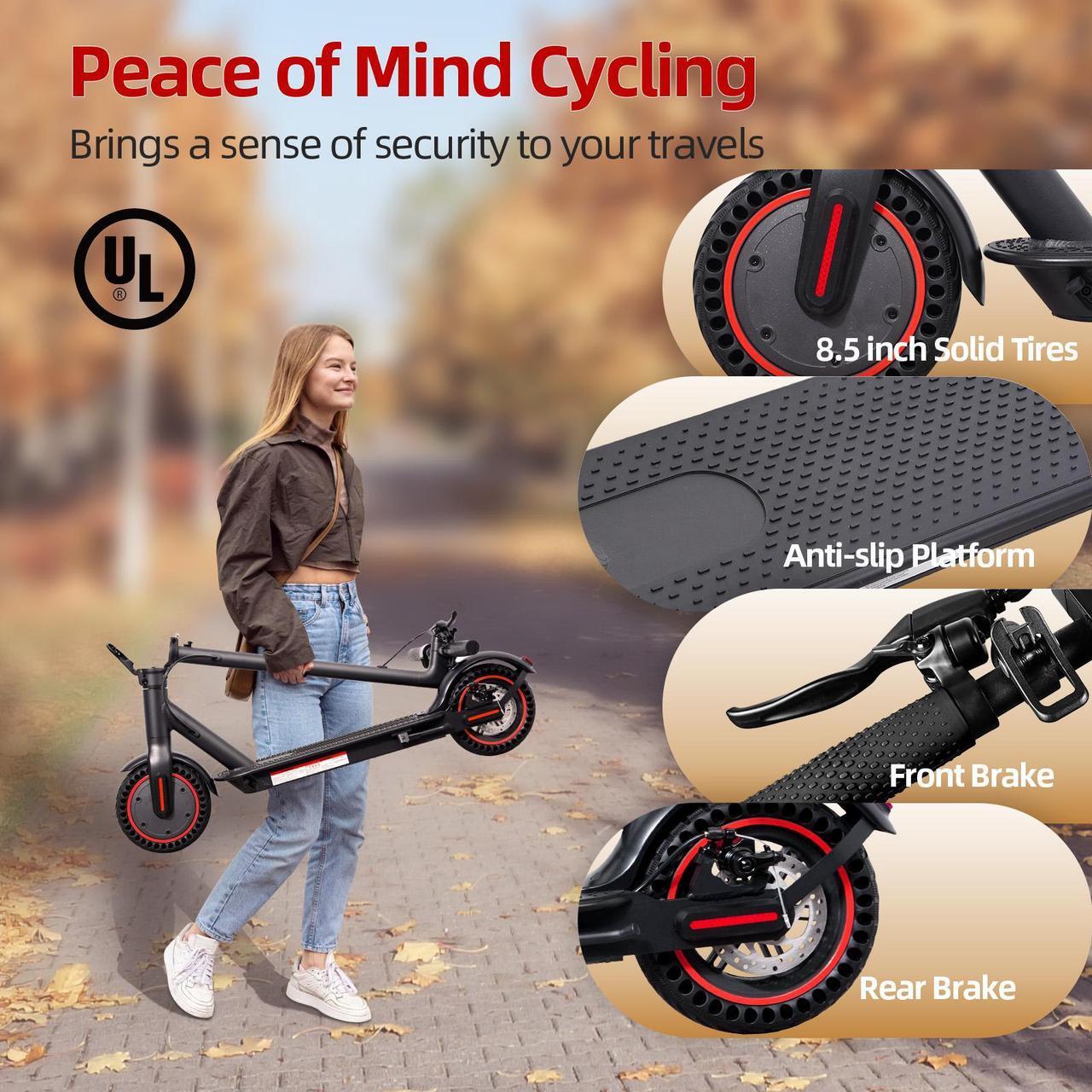 Alt view image 5 of 7 - CUNFON Electric Scooter - 500 Watt Motor, 8.5 Inch Pneumatic Tires, 17-21 Mile Range, 19 MPH Speed, Dual Braking System and APP, Foldable Commuter Electric Scooter, Black and Red