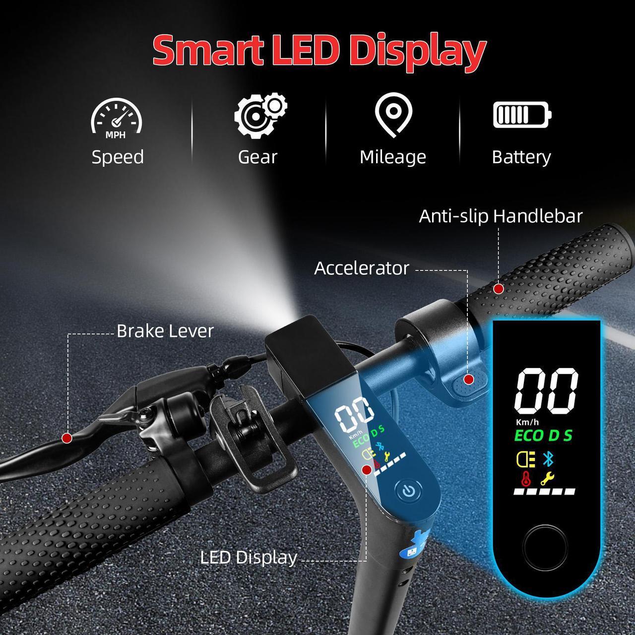 Alt view image 3 of 7 - CUNFON Electric Scooter - 500 Watt Motor, 8.5 Inch Pneumatic Tires, 17-21 Mile Range, 19 MPH Speed, Dual Braking System and APP, Foldable Commuter Electric Scooter, Black and Red