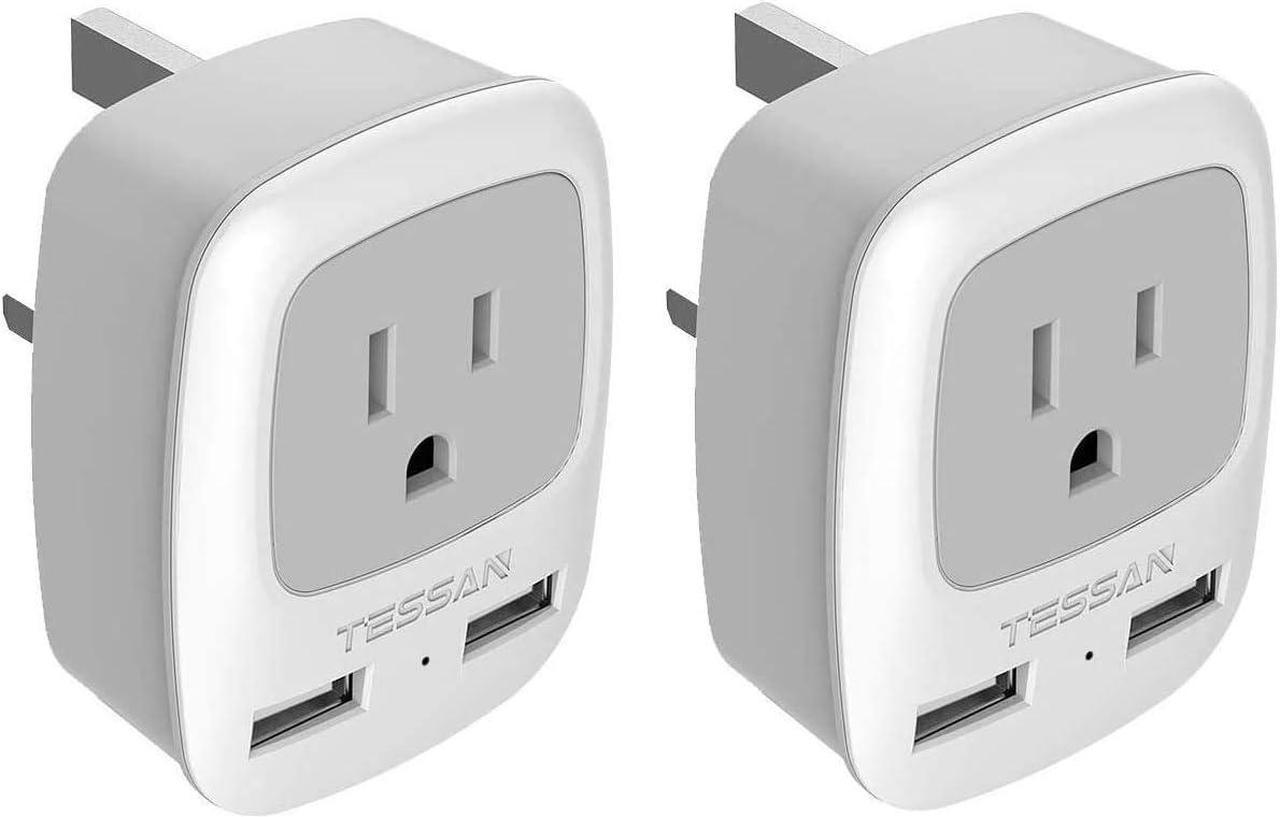 UK Plug Adapter 2 Pack, TESSAN Canada to UK Travel Plug Adapter, Type G Power Adapter with 2 USB 2 Electrical Outlets for CA/US to Dubai Ireland England London Scotland British Dubai Kenya Hong Kong