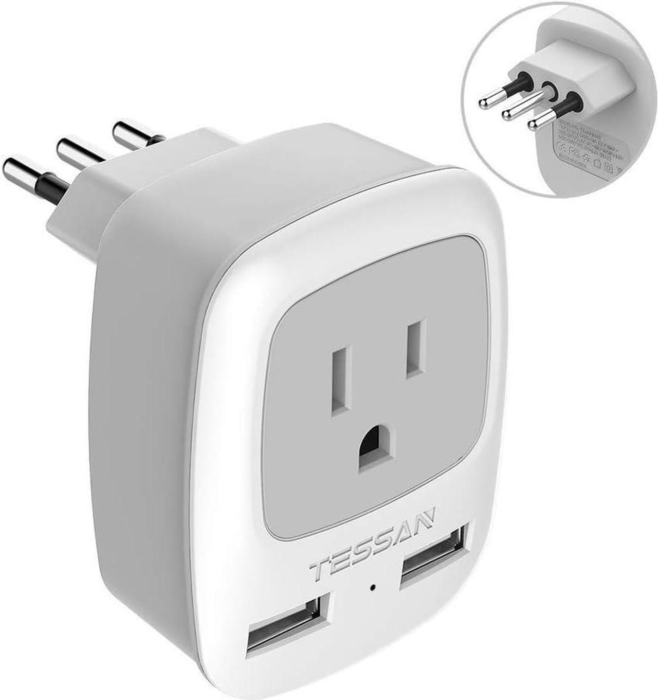 Italy Travel Plug Adapter, TESSAN Grounded Wall Outlet with Dual USB Charging Ports, Compact Power Adaptor Charger for USA/Canada to Italy Italian Chile Uruguay (Type L)