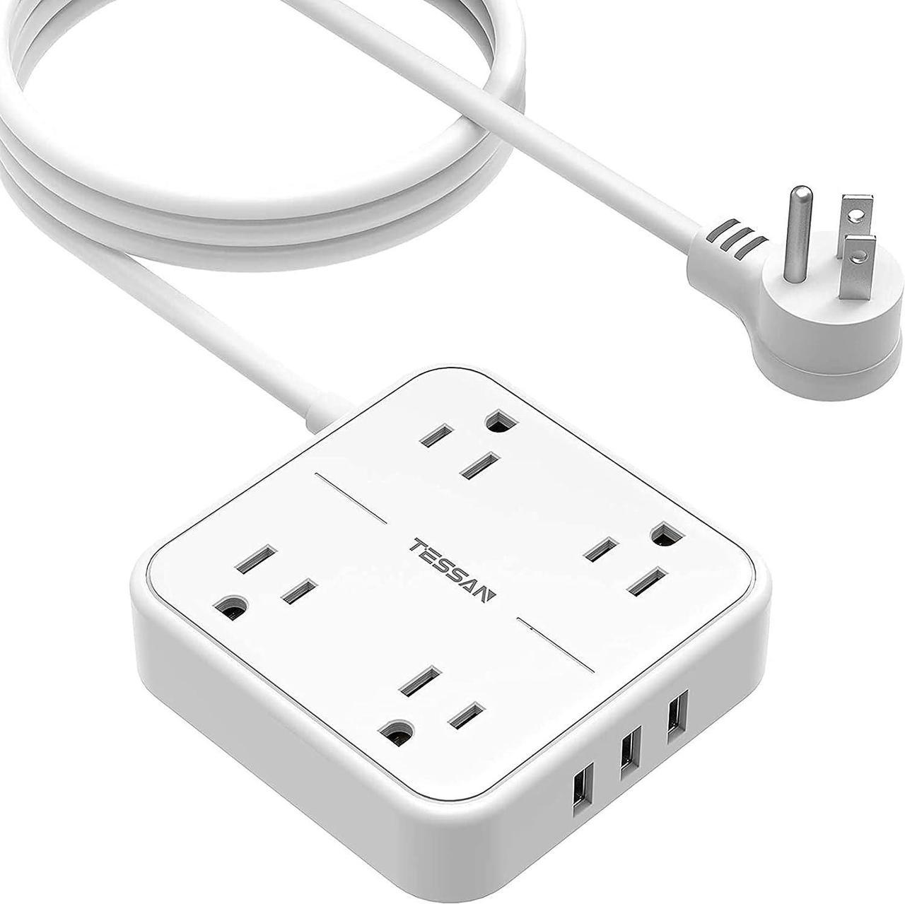 Flat Plug Power Bar with USB, Wall Mount Long Extension Cord Indoor 10ft, TESSAN 4 Widely Spaced Outlet 3 USB Power Strip, 1250W/10A for Home Office Desk Dorm Room Essentials, White