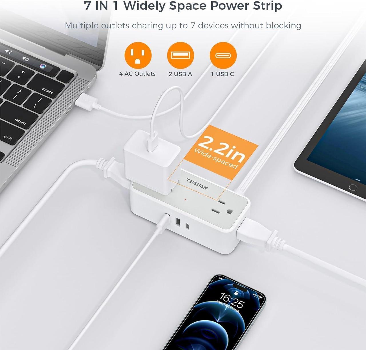 TESSAN Slim Flat Plug Power Bar with 4 Multiple Outlets 3 USB (1 USB C), 5 Feet Small Power Strip Wall Mountable Cruise Ship Home Dorm Room Essentials