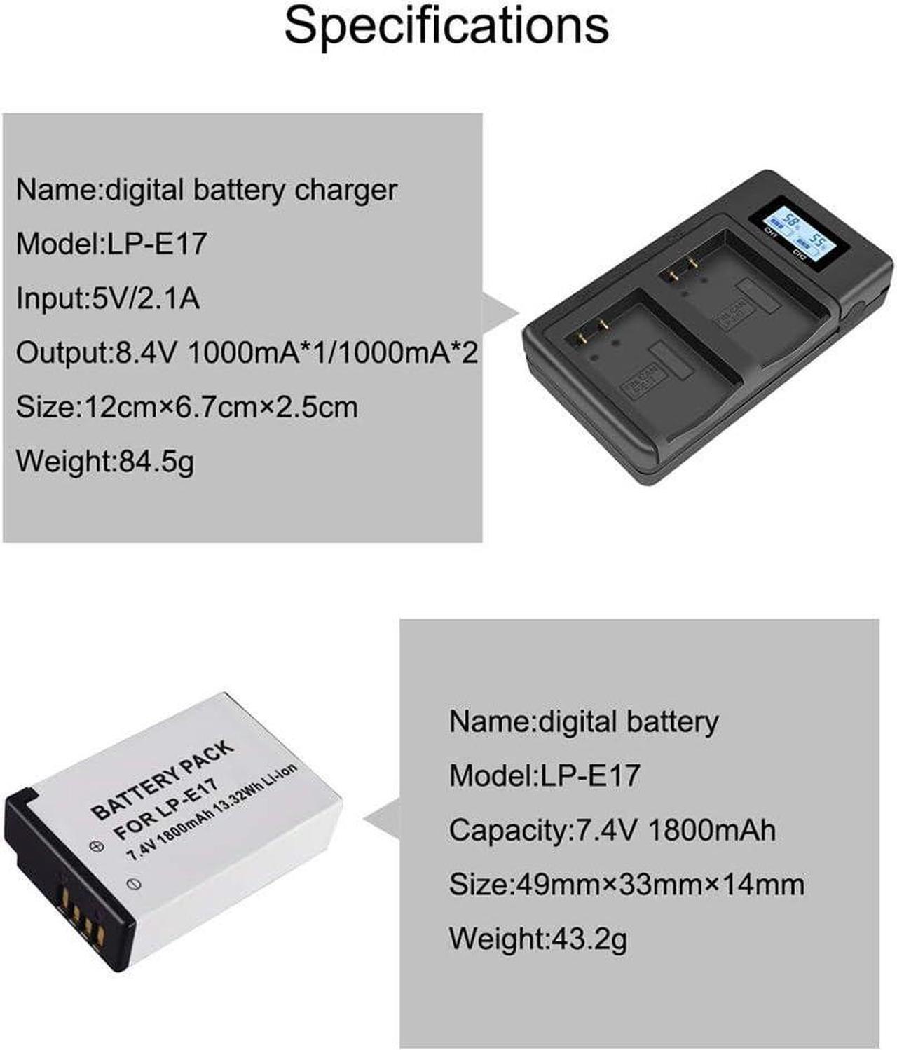 Alt view image 5 of 6 - CITYORK 2-Pack LP-E17 1800mAh High Capacity Li-ion Battery and LCD Dual Charger for Canon EOS M3, M5, M6, Rebel T6i, Rebel T6s, Rebel T7i, 750D, 760D, 8000D, 77D, Kiss X8i, 200D, 800D, SL2 Camera