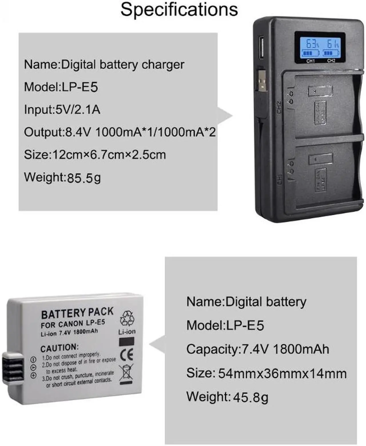 Alt view image 4 of 7 - CITYORK 2 Pack LP E5  Batteries with Battery Charger for Canon EOS 450D 500D 1000D Kiss X3 F Rebel Xsi Camera