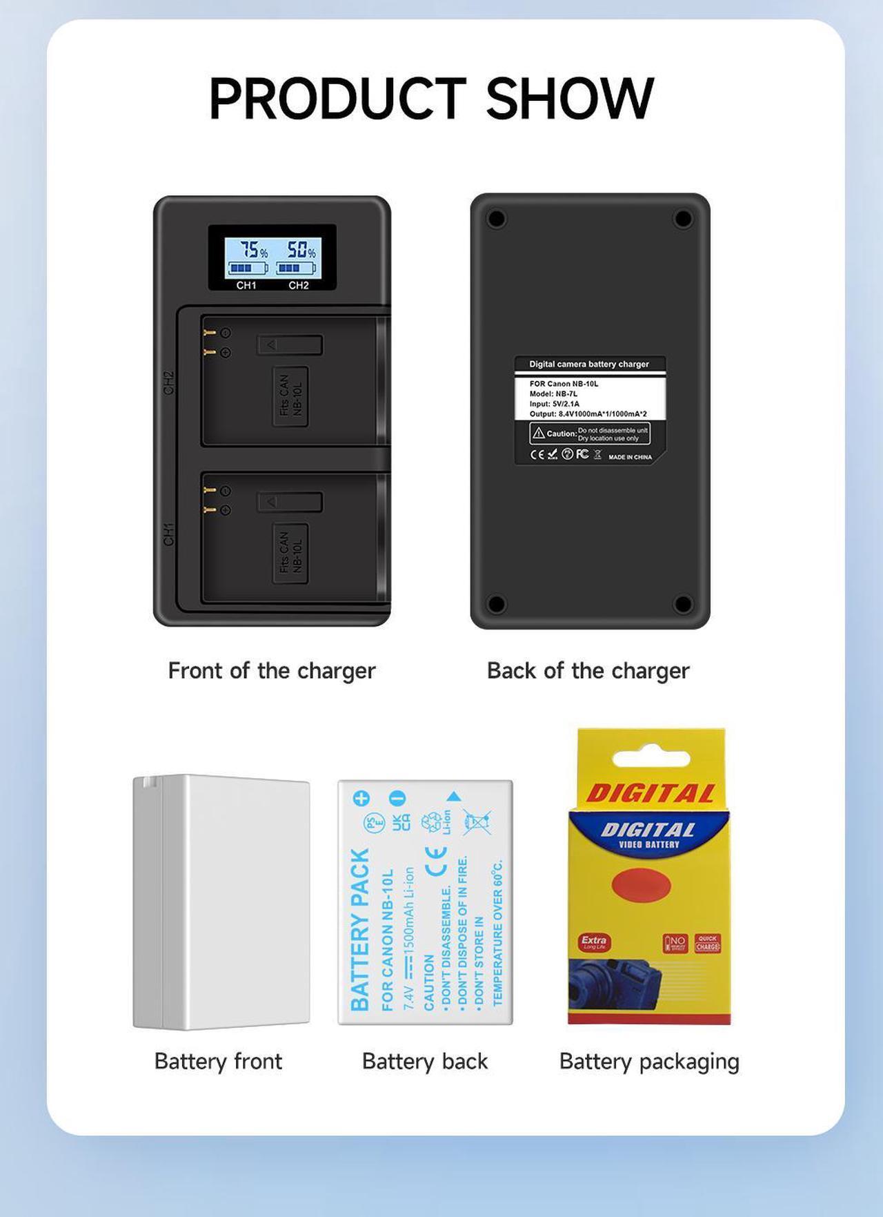 Alt view image 2 of 7 - CITYORK 2 Pack NB10L Battery With Fast charger For Canon SX40 HS SX40HS SX50 HS SX50HS G1 X G15 G16 SX60 HS G3X,1500mAh