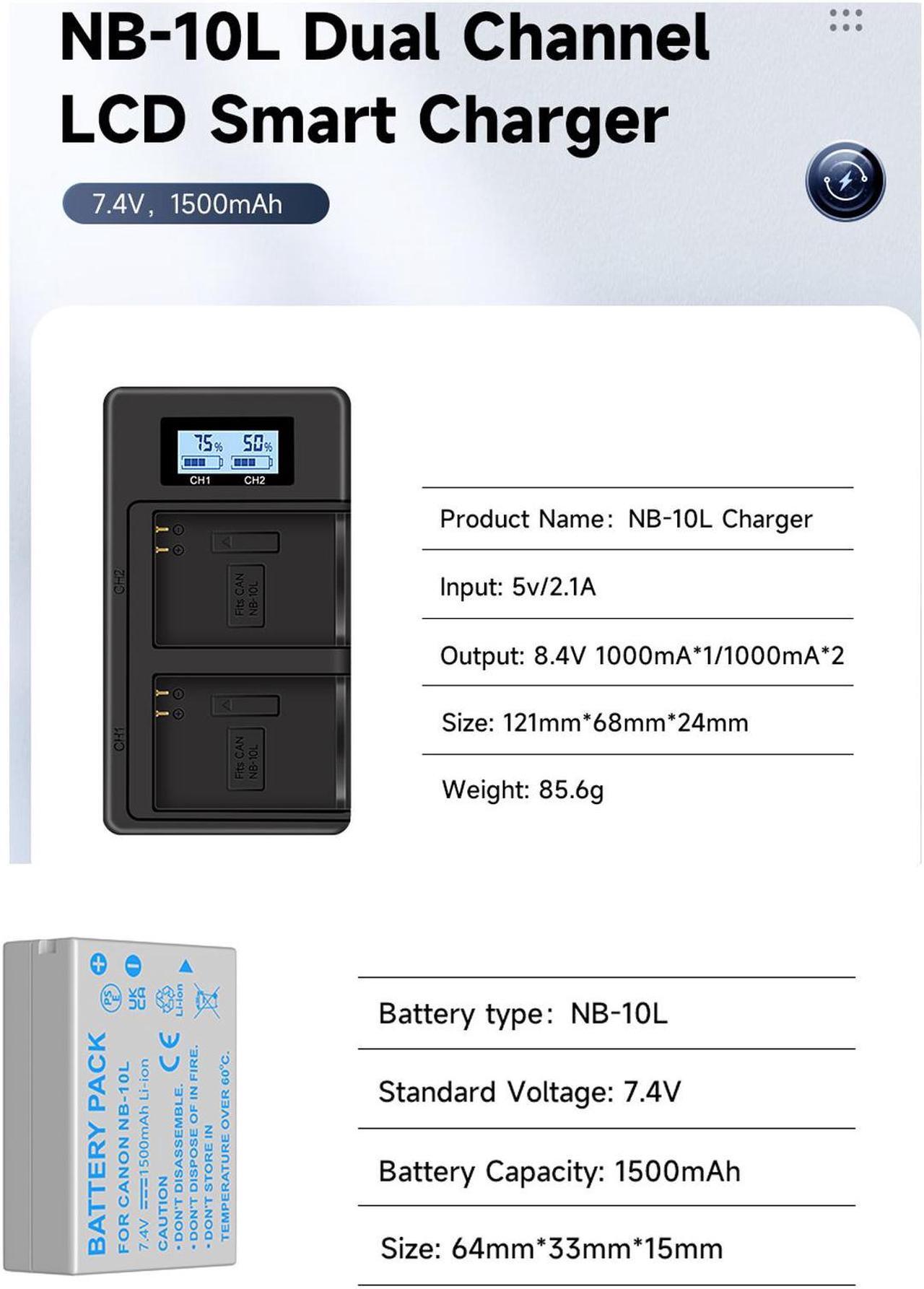 Alt view image 7 of 7 - CITYORK 2 Pack NB10L Battery With Fast charger For Canon SX40 HS SX40HS SX50 HS SX50HS G1 X G15 G16 SX60 HS G3X,1500mAh