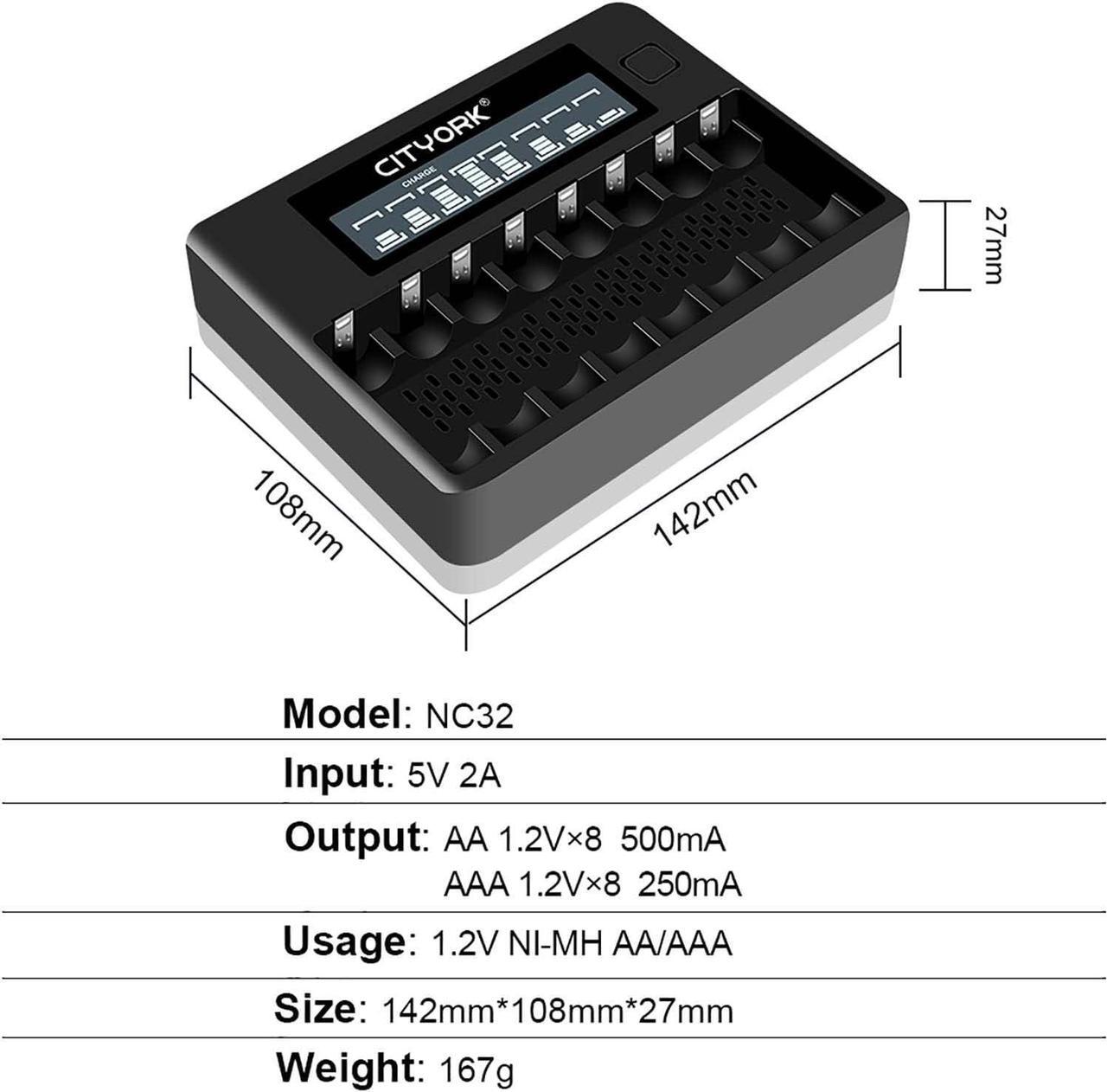 Alt view image 2 of 7 - CITYORK 8 Pack AA 3000mAh Ni-MH Rechargeable Batteries with 8 Slot Battery Charger