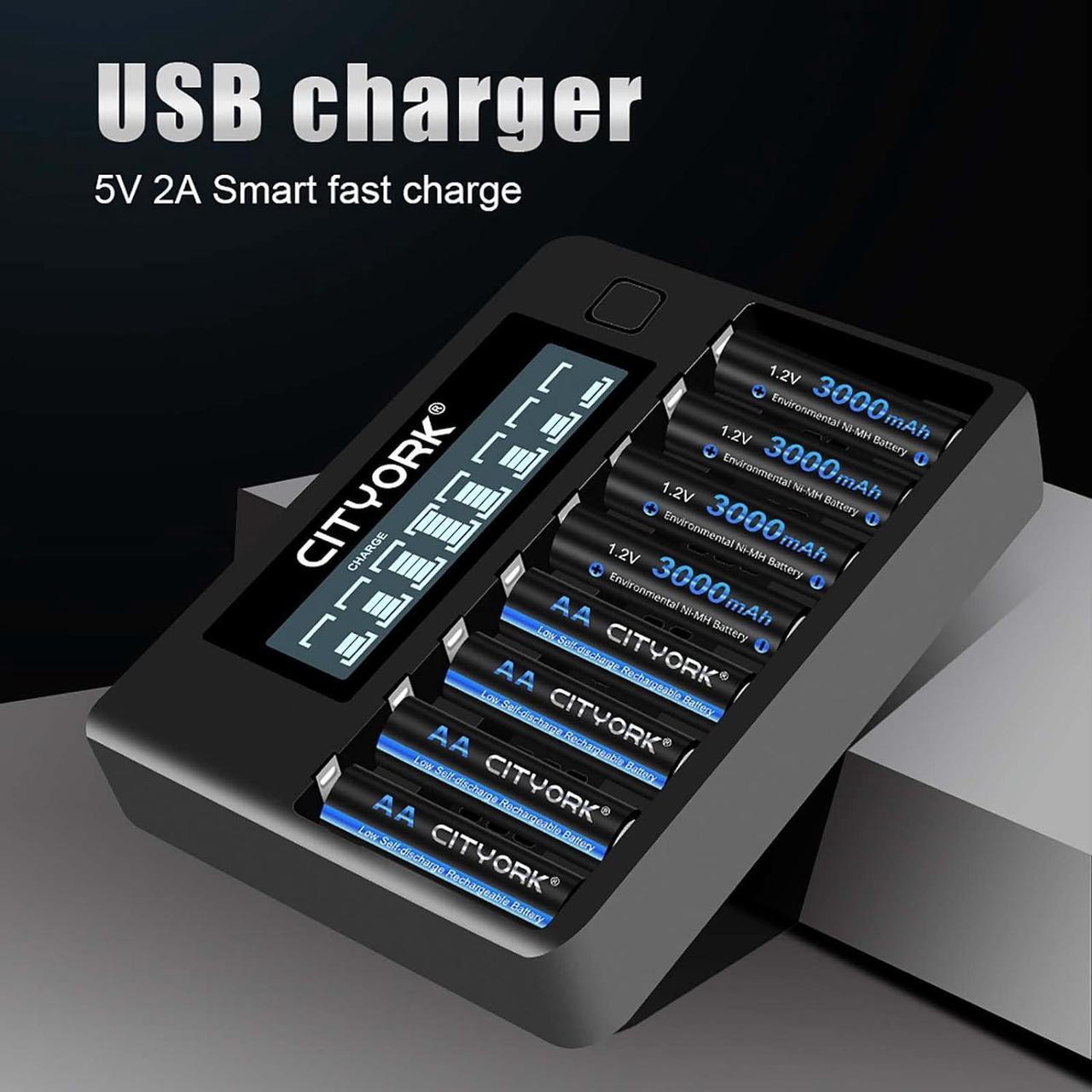 Alt view image 3 of 7 - CITYORK 8 Pack AA 3000mAh Ni-MH Rechargeable Batteries with 8 Slot Battery Charger