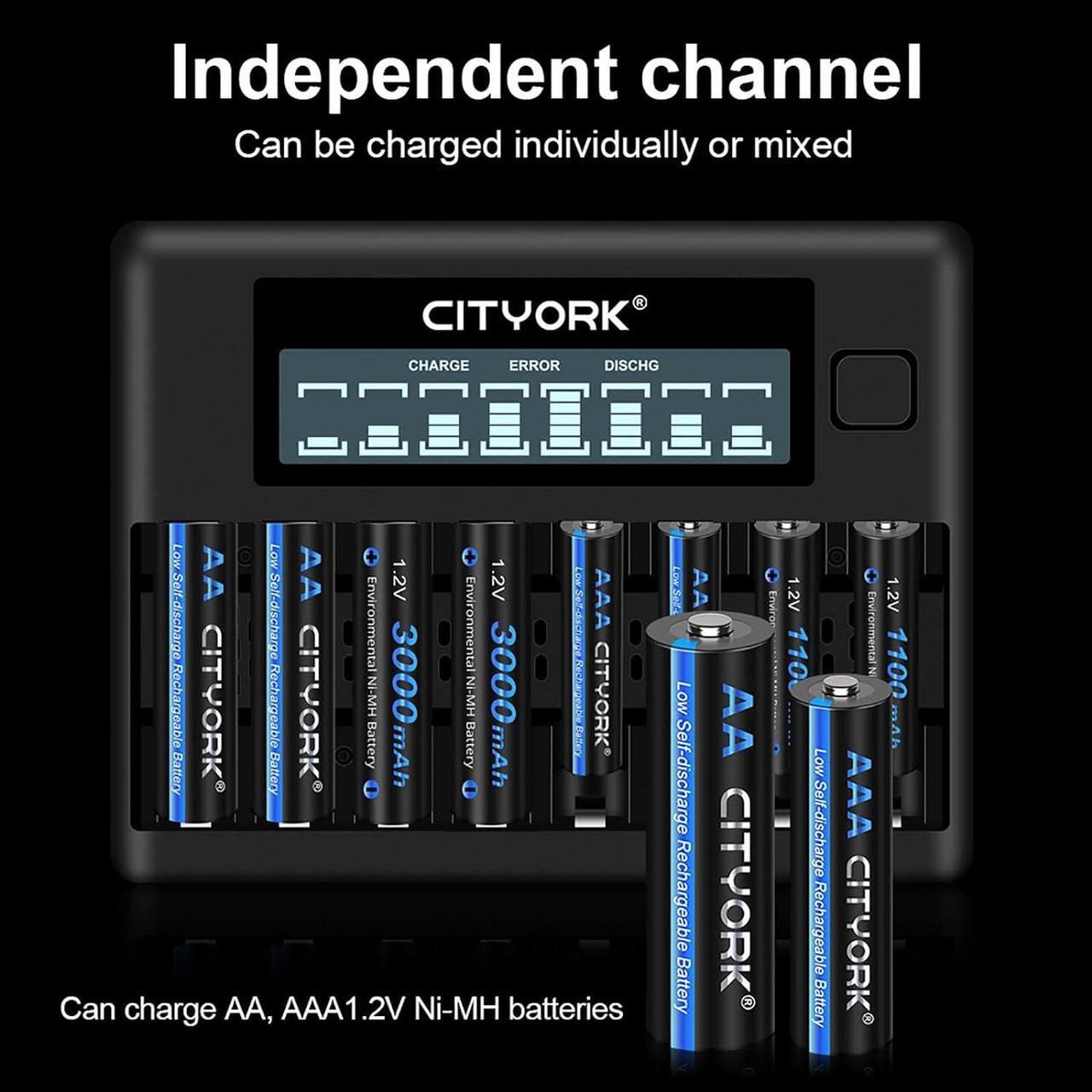Alt view image 4 of 7 - CITYORK 8 Pack AA 3000mAh Ni-MH Rechargeable Batteries with 8 Slot Battery Charger