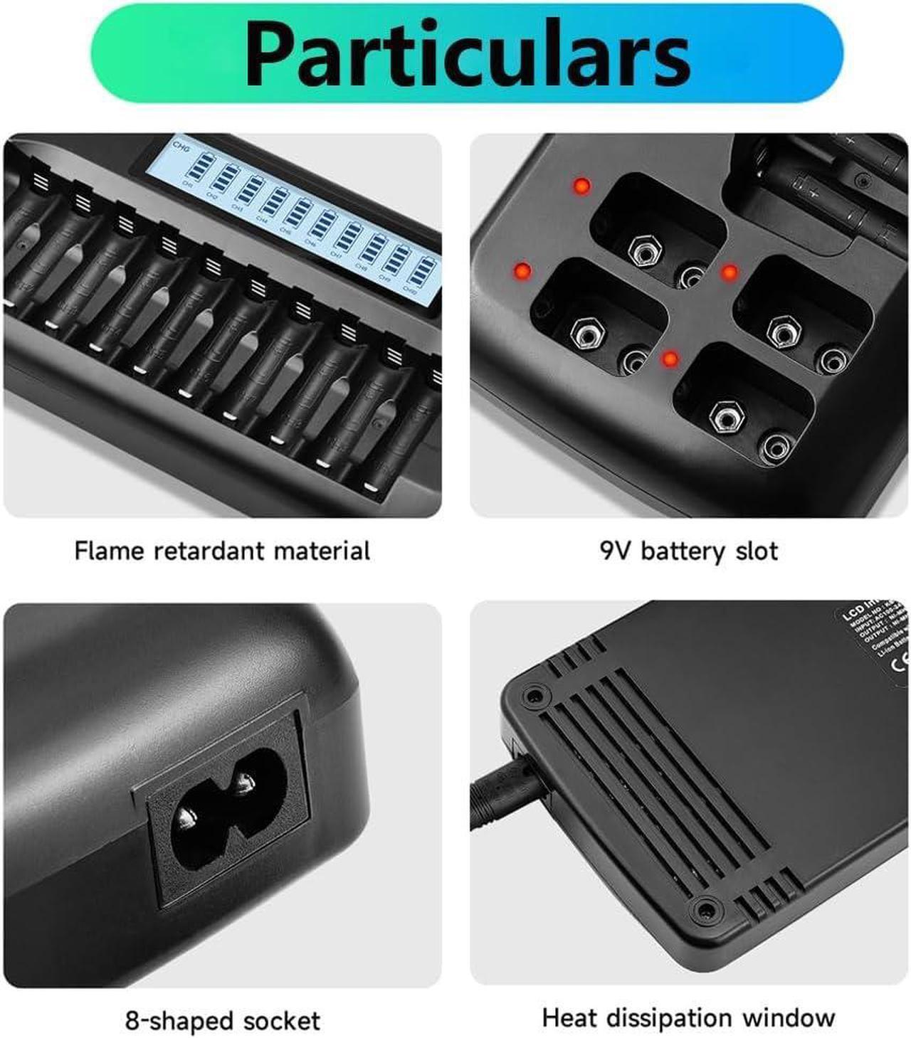 Alt view image 3 of 6 - CITYORK 10 Pack 1.2V AA 3000mAh rechargeable battery with 10 Bay Smart LCD Universal Battery Charger for Rechargeable AA AAA NIMH/NICD & 4 bay for 9V NIMH/NICD/Lion Rechargeable Batteries