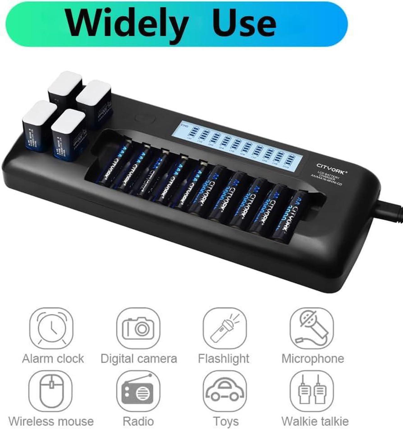 Alt view image 6 of 6 - CITYORK 10 Pack 1.2V AA 3000mAh rechargeable battery with 10 Bay Smart LCD Universal Battery Charger for Rechargeable AA AAA NIMH/NICD & 4 bay for 9V NIMH/NICD/Lion Rechargeable Batteries