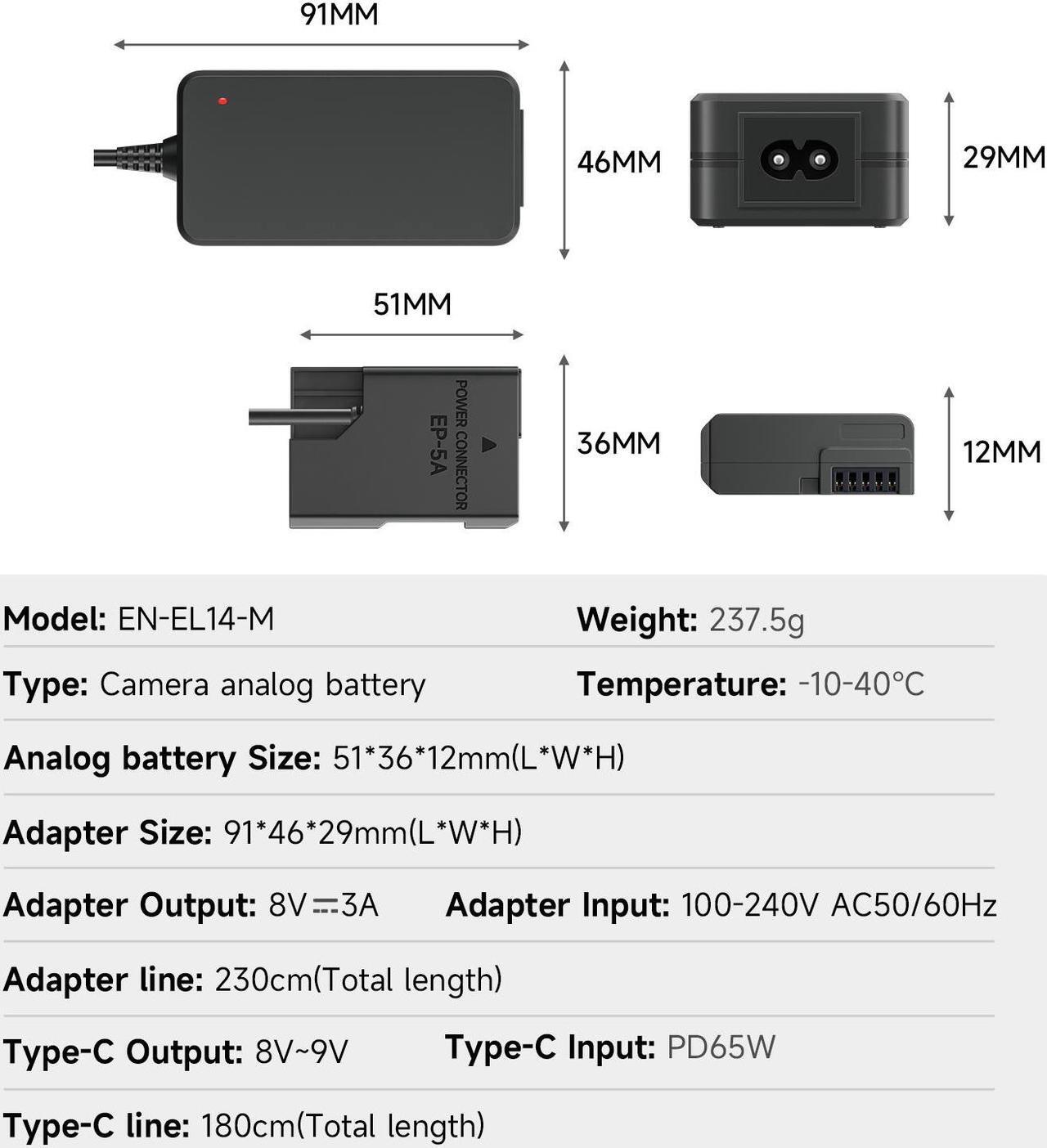 Alt view image 6 of 7 - CITYORK EH-5a PW20 AC Power Supply Adapter EN-EL14 Dummy Battery EP-5A DC Coupler Kit for Nikon D3500 D3200 D5100 D5200 D5300 D5500 D5600 D3100 D3300 D3400