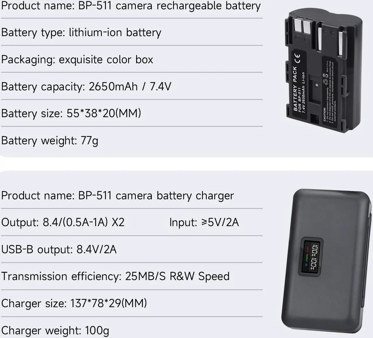 Alt view image 2 of 7 - CITYORK BP-511 BP-511A Battery 2 Pack 7.4V 2650mAh with LCD Dual Charger for Canon EOS 50D 40D 30D 20Da 20D 10D 5D 300D Digital Rebel D30 D60 PowerShot G6 G5 G3 G2 G1 Pro 1 Pro 90