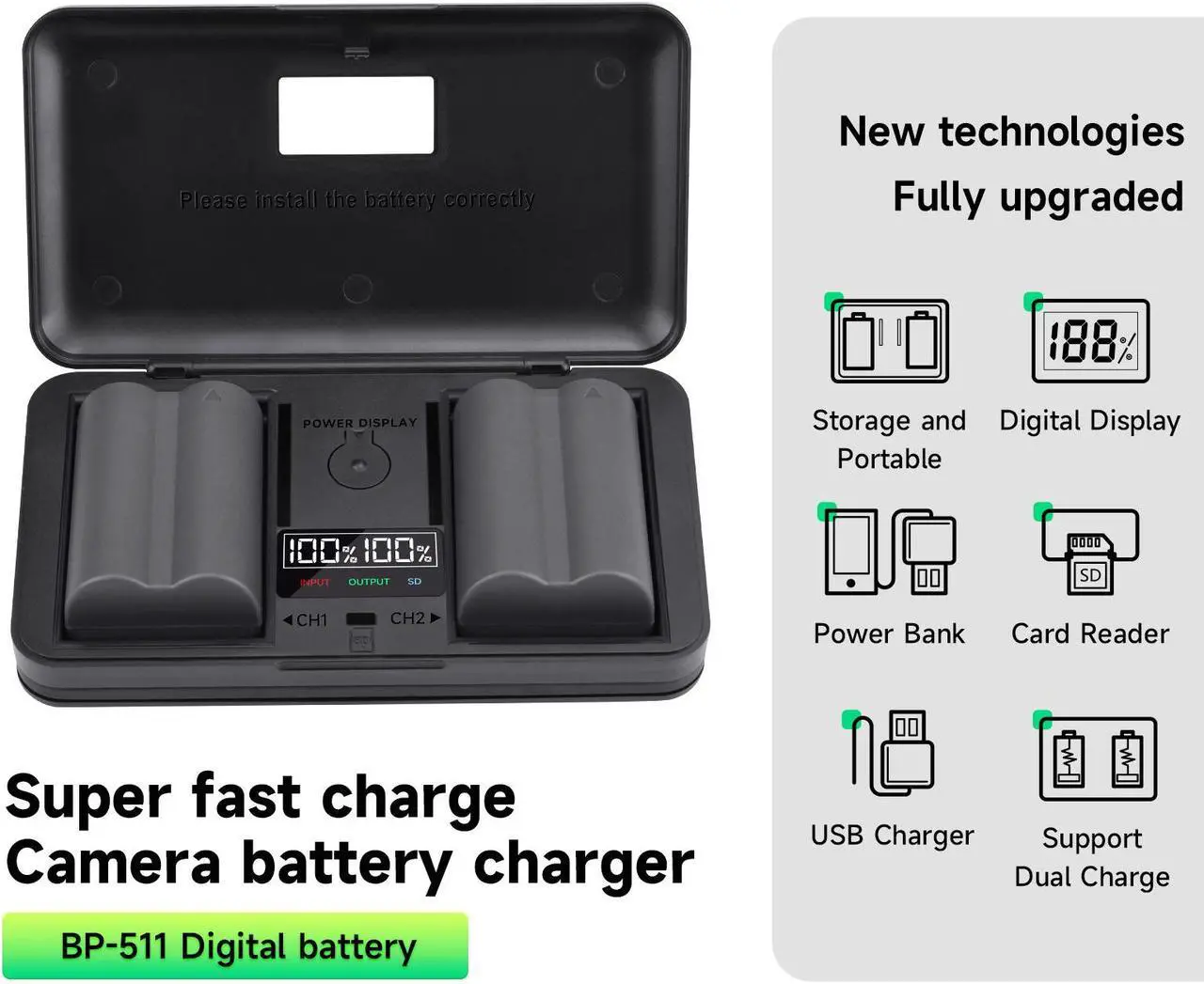 Alt view image 7 of 7 - CITYORK BP-511 BP-511A Battery 2 Pack 7.4V 2650mAh with LCD Dual Charger for Canon EOS 50D 40D 30D 20Da 20D 10D 5D 300D Digital Rebel D30 D60 PowerShot G6 G5 G3 G2 G1 Pro 1 Pro 90