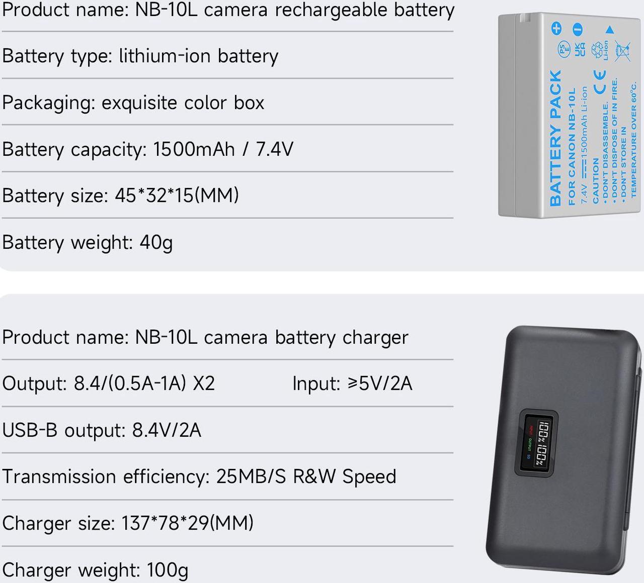 Alt view image 2 of 7 - CITYORK NB-10L NB10L Battery 2 Pack 7.4V 1500mAh with LCD Dual Charger for Canon PowerShot G1 X, G3-X, G15, G16, SX40 HS, SX50 HS, SX60 HS Digital Camera