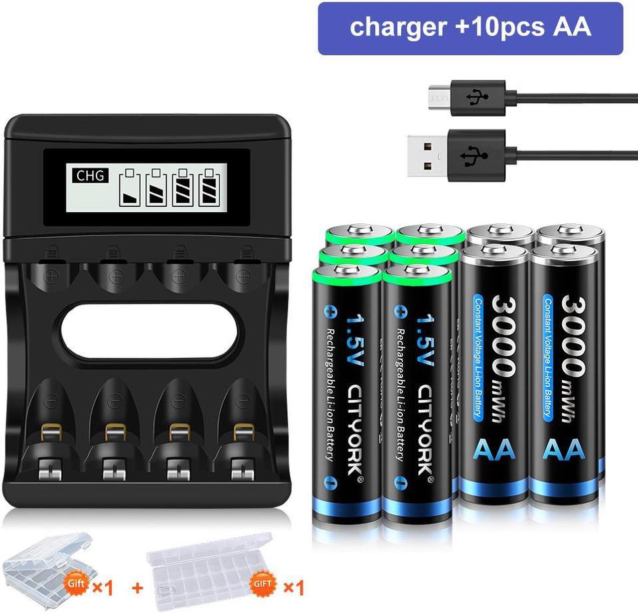 Main image of CITYORK 1.5V AA 3000mWh Lithium Rechargeable Batteries 10 Pack with 1.5V Fast Battery Charger