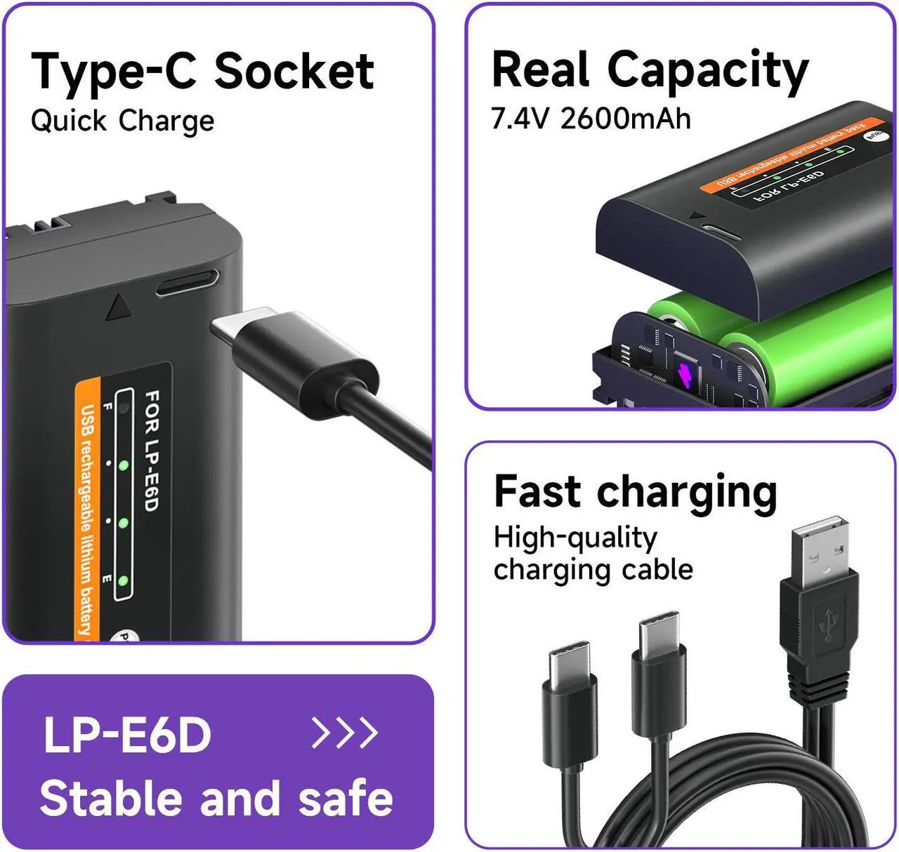 Alt view image 2 of 7 - CITYORK 2600mAh LP-E6 LP-E6N Battery with Type-C USB-C Fast Charging  with LED Indicator for Canon EOS 5D Mark II 5D Mark III 5DS 5DS R 6D 7D 60D 60Da 70D 7D Mark II 7D Mark III Camera 7.4V