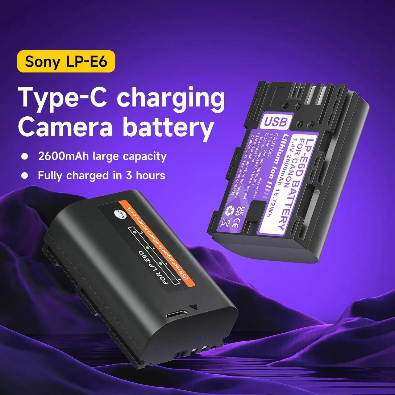 Alt view image 3 of 7 - CITYORK 2600mAh LP-E6 LP-E6N Battery with Type-C USB-C Fast Charging  with LED Indicator for Canon EOS 5D Mark II 5D Mark III 5DS 5DS R 6D 7D 60D 60Da 70D 7D Mark II 7D Mark III Camera 7.4V