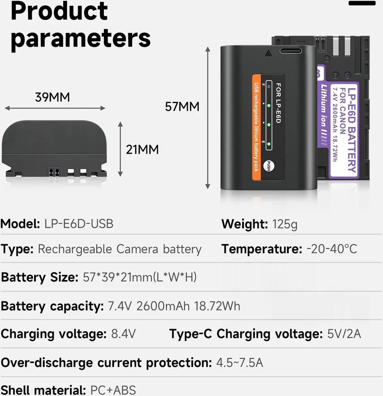 Alt view image 4 of 7 - CITYORK 2600mAh LP-E6 LP-E6N Battery with Type-C USB-C Fast Charging  with LED Indicator for Canon EOS 5D Mark II 5D Mark III 5DS 5DS R 6D 7D 60D 60Da 70D 7D Mark II 7D Mark III Camera 7.4V
