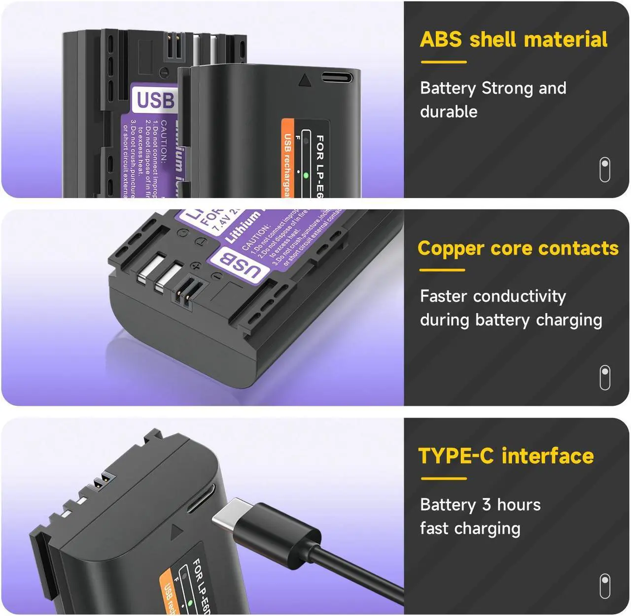 Alt view image 5 of 7 - CITYORK 2600mAh LP-E6 LP-E6N Battery with Type-C USB-C Fast Charging  with LED Indicator for Canon EOS 5D Mark II 5D Mark III 5DS 5DS R 6D 7D 60D 60Da 70D 7D Mark II 7D Mark III Camera 7.4V