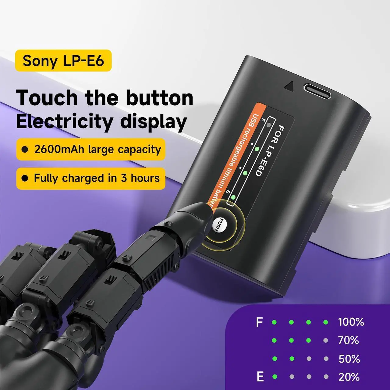 Alt view image 7 of 7 - CITYORK 2600mAh LP-E6 LP-E6N Battery with Type-C USB-C Fast Charging  with LED Indicator for Canon EOS 5D Mark II 5D Mark III 5DS 5DS R 6D 7D 60D 60Da 70D 7D Mark II 7D Mark III Camera 7.4V