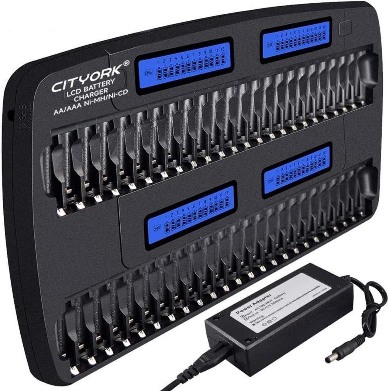 CITYORK 48 Bay AA AAA Multiple Battery Charger LCD Display for 1.2V AA/AAA NiMH/NiCd Rechargeable Batteries with Built-in IC Protection & AC Wall Adapter