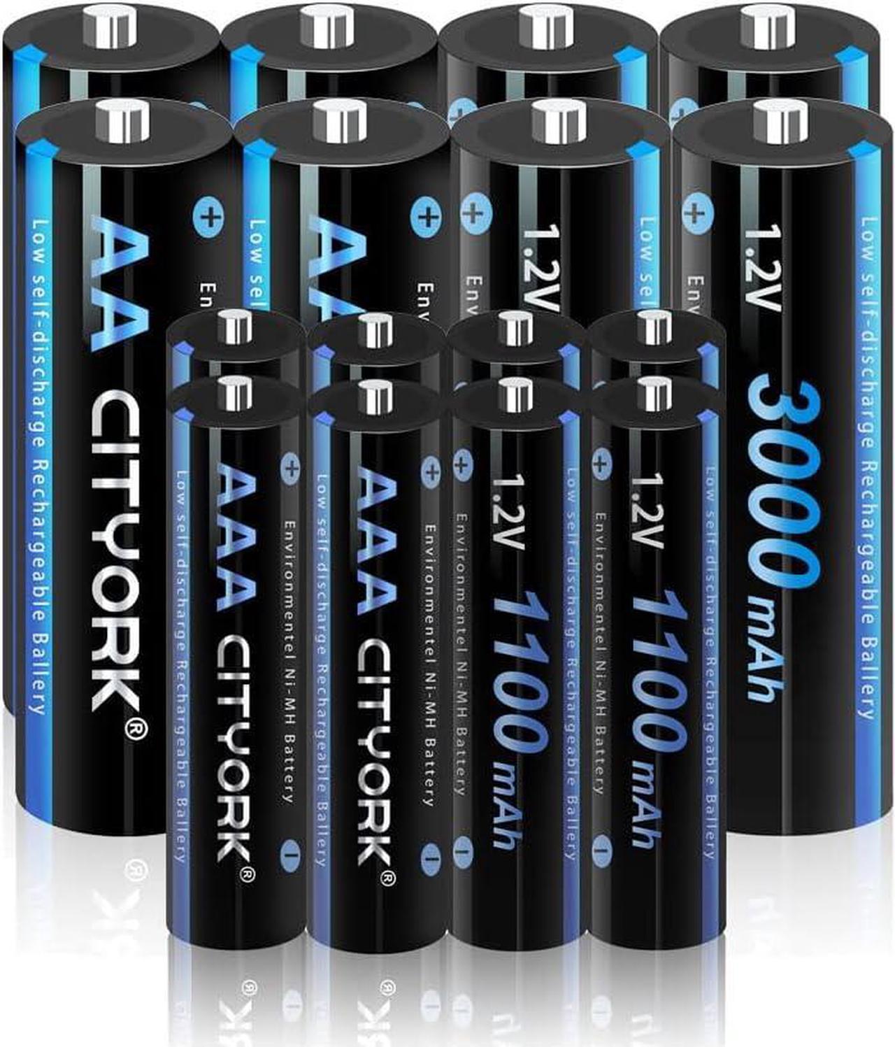 CITYORK AA AAA Rechargeable Batteries Combo Pack of 16, 8 PCS AA 3000mAh & 8-Pack AAA 1100mAh 1.2v Ni-MH Low Self Discharge Rechargeable Batteries with 2 Pcs Battery Case Organizer