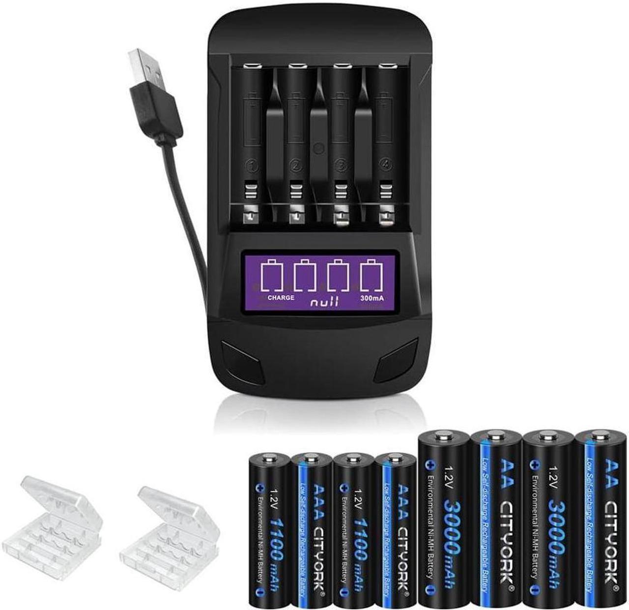 CITYORK 4 Bay LCD Universal Battery Charger for Rechargeable 1.2V AA AAA NIMH Batteries with 4 Pack 1.2V AA 3000mAh and 4 Pack AAA 1100mAh Ni-MH Battery