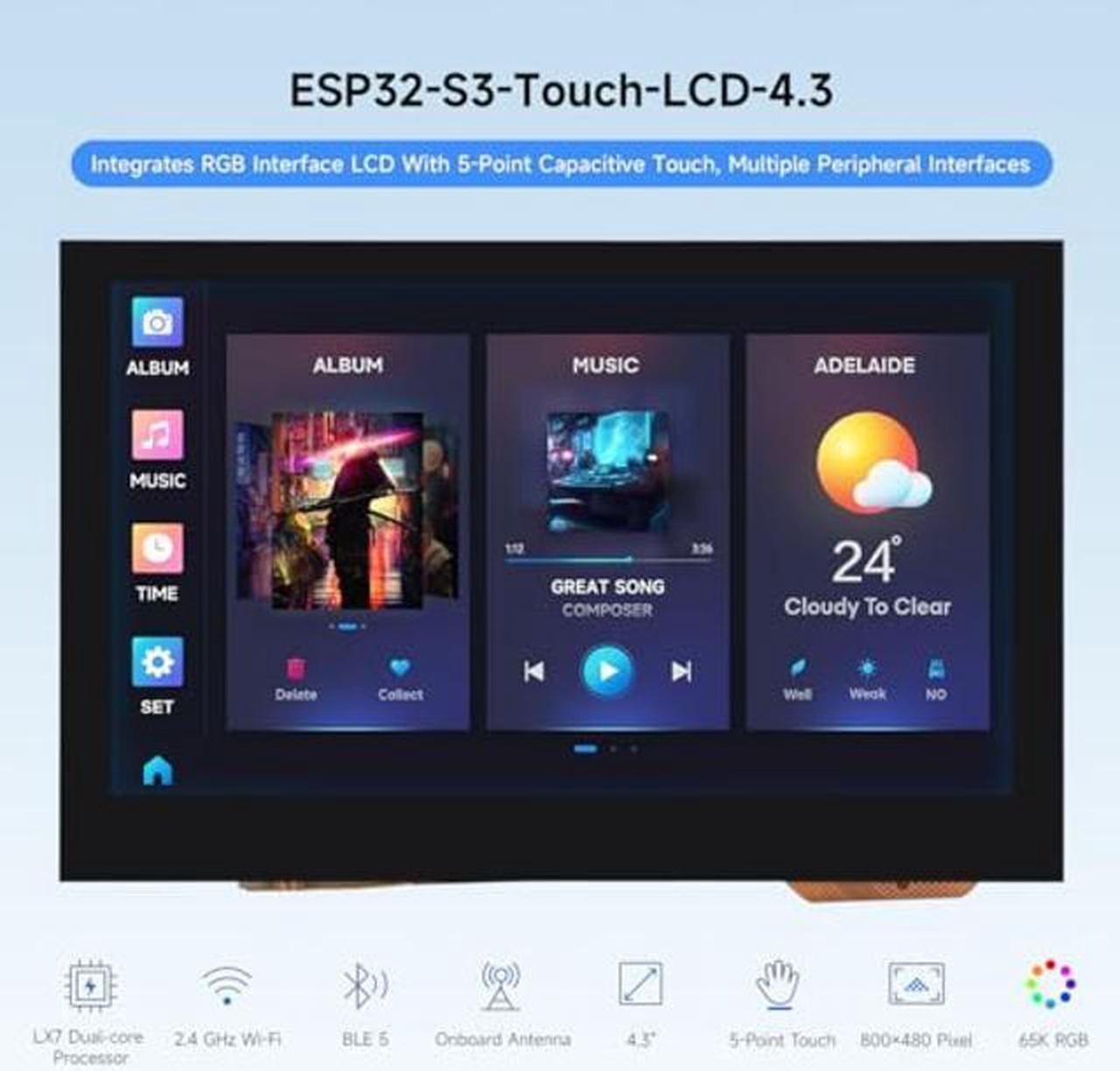 Alt view image 3 of 5 - Waveshare ESP32-S3 4.3inch Capacitive Touch Display Development Board, 800x480, 5-Point Touch, 32-Bit LX7 Dual-Core Processor, Up to 240MHz Frequency, Supports WiFi & Bluetooth, with Onboard Antenna
