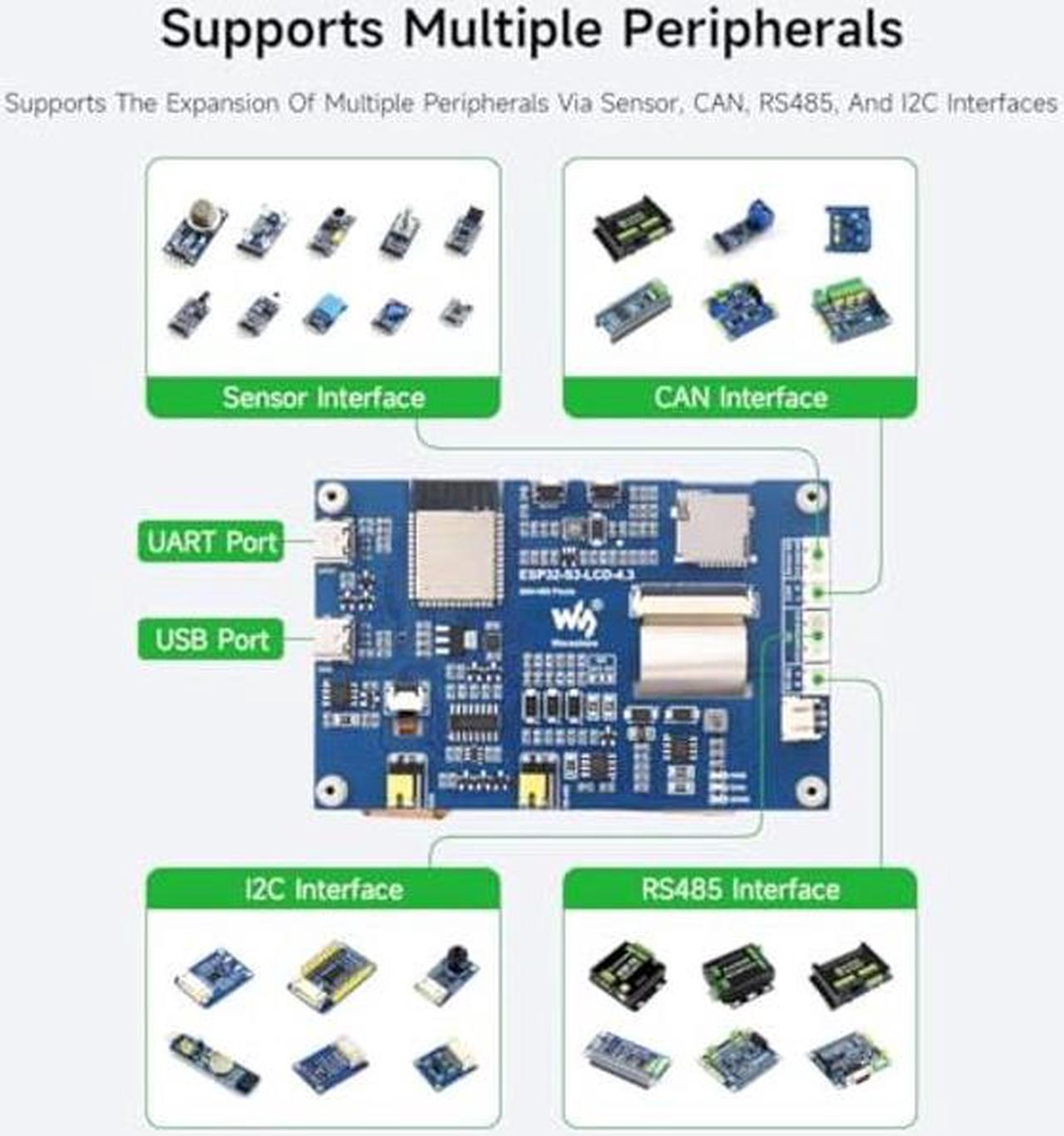 Alt view image 5 of 5 - Waveshare ESP32-S3 4.3inch Capacitive Touch Display Development Board, 800x480, 5-Point Touch, 32-Bit LX7 Dual-Core Processor, Up to 240MHz Frequency, Supports WiFi & Bluetooth, with Onboard Antenna