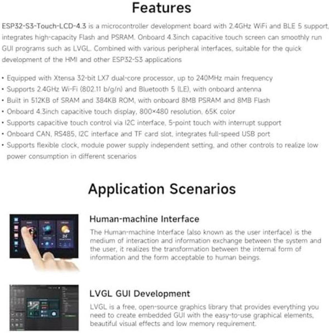 Alt view image 4 of 5 - Waveshare ESP32-S3 4.3inch Capacitive Touch Display Development Board, 800x480, 5-Point Touch, 32-Bit LX7 Dual-Core Processor, Up to 240MHz Frequency, Supports WiFi & Bluetooth, with Onboard Antenna