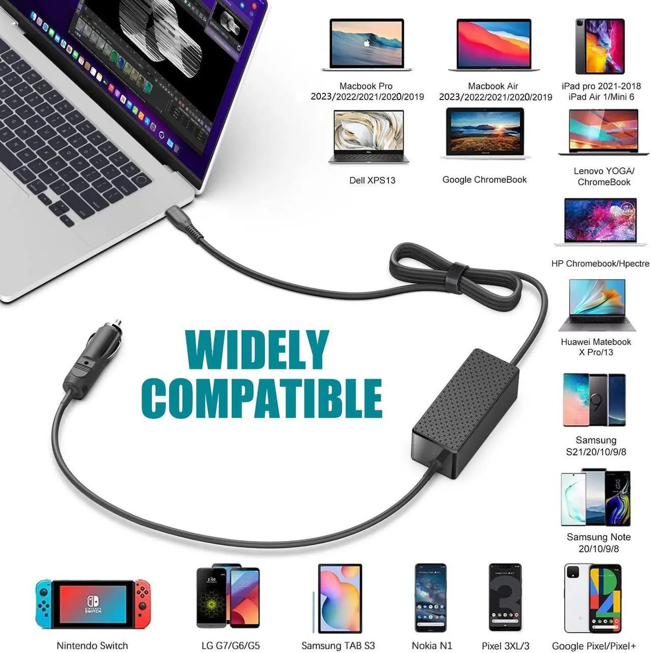 Alt view image 2 of 5 - HKY Laptop Car Charger USB C PD 100W 95W 90W 65W 45W DC Adapter for Lenovo Thinkpad/Yoga/IdeaPad,Dell Latitude/XPS,LG Gram,MacBook Pro/Air,HP Spectre/Elitebook,Surface,Acer,Asus,MSI,Chromebook Charger
