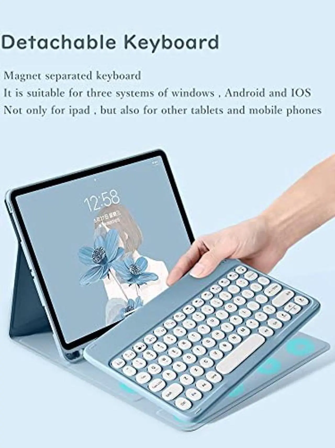 Alt view image 2 of 5 - HENGHUI Keyboard Case for Galaxy Tab S9 FE 10.9 inch/Tab S9 11 inch/Tab S8 11"/Tab S7 11" Detachable Magnetic Color Keyboard Cover Cute Round Key,Black
