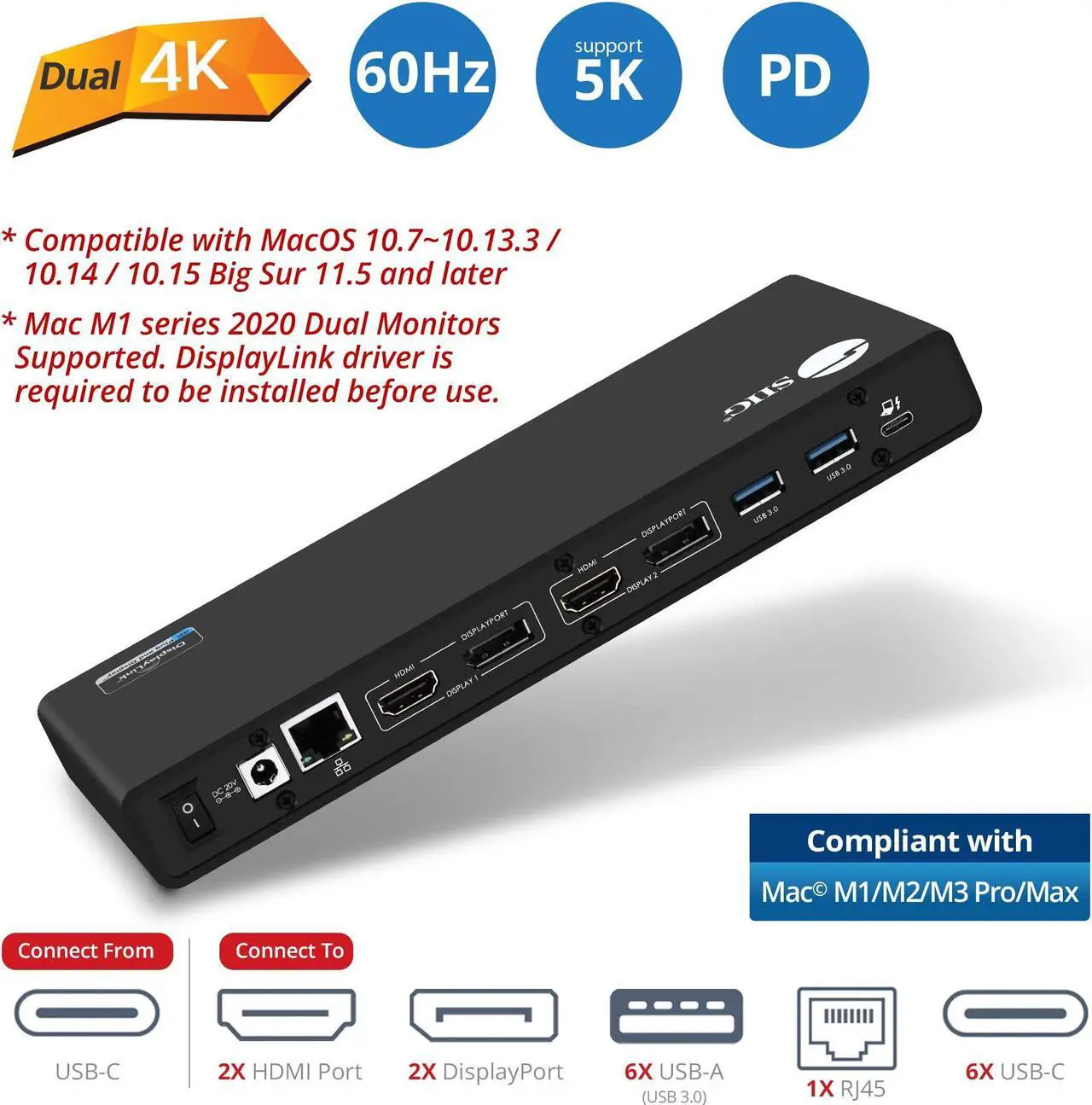 Alt view image 2 of 5 - SIIG USB Type C Dual 4K Docking Station with 60W PD - Dual 4K@60Hz or Single 5K@60Hz Monitor Laptop Dock - DisplayLink - 2 HDMI 2 DisplayPort, 4 USB 3.0 Ports, 2 Type C Ports, Gigabit Ethernet Port