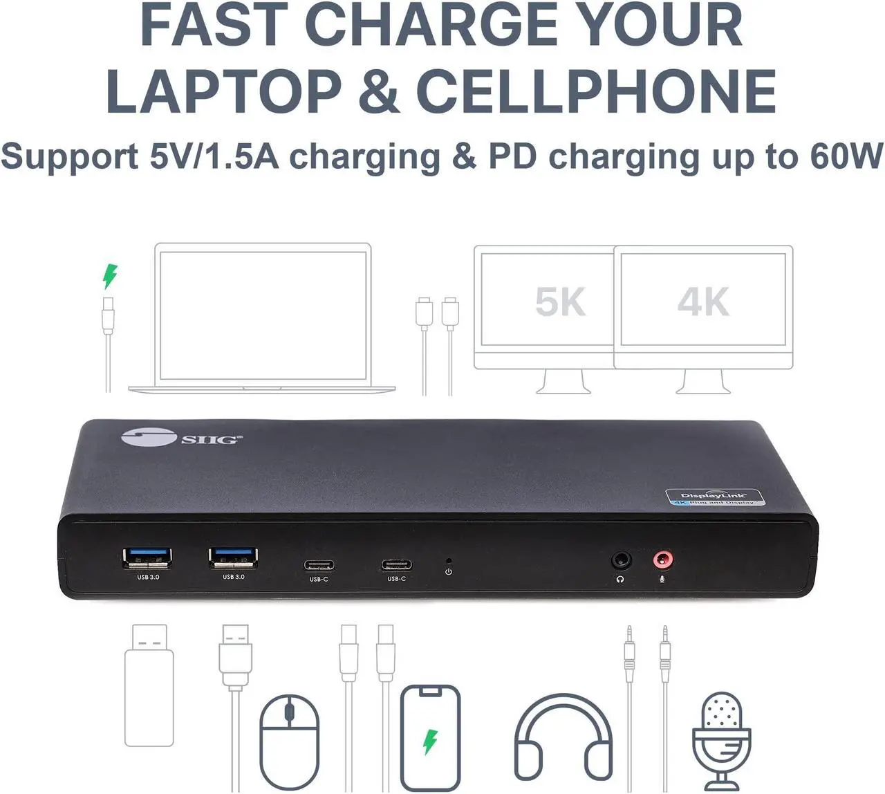 Alt view image 5 of 5 - SIIG USB Type C Dual 4K Docking Station with 60W PD - Dual 4K@60Hz or Single 5K@60Hz Monitor Laptop Dock - DisplayLink - 2 HDMI 2 DisplayPort, 4 USB 3.0 Ports, 2 Type C Ports, Gigabit Ethernet Port