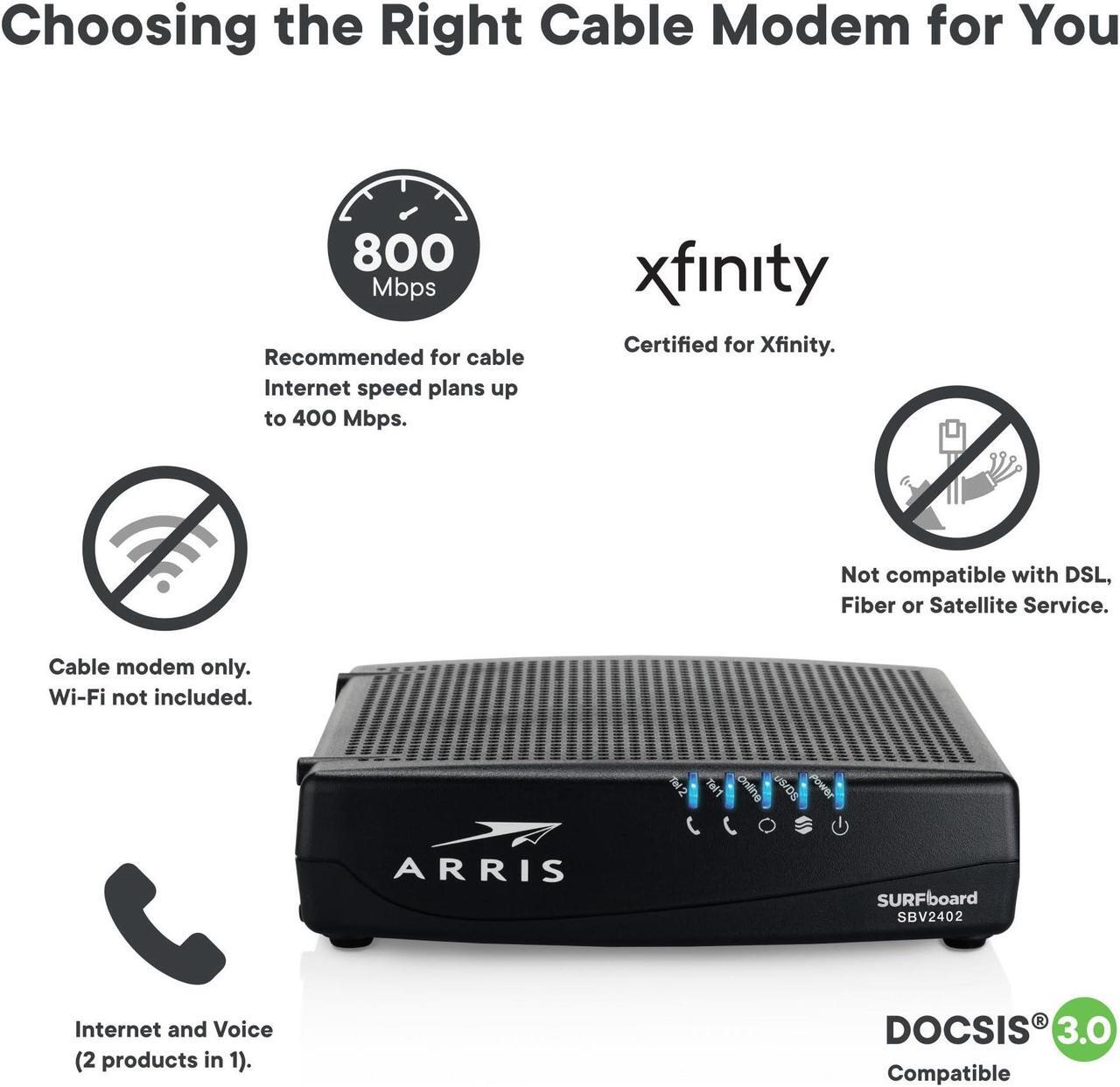 Alt view image 2 of 5 - ARRIS SURFboard SBV3202 DOCSIS 3.0 Cable Modem | Comcast Xfinity Internet & Voice | 1 Gbps Port | 2 Telephony Ports | 800 Mbps Max with Xfinity Internet Plans | 2 Year Warranty