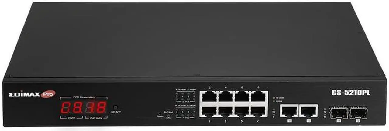 Main image of EDiMAX PRO 8 + 2 RJ45 + 2 SFP Ports Gigabit POE+ Smart Switch, Long Range 656Ft (200M), Up to 30W Per Port (Total Power Budget: 110W) with 2 RJ45 + 2 SFP Uplink Ports, Surveillance, GS-5210PL