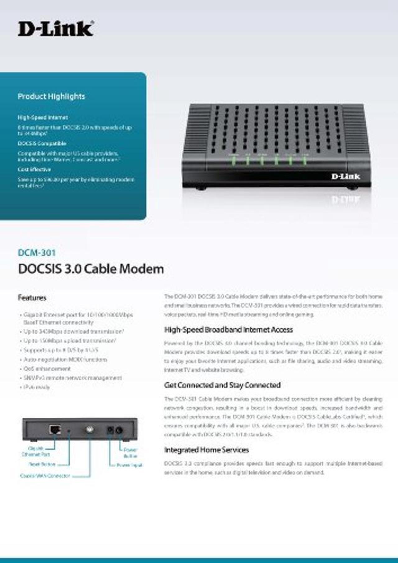 Alt view image 4 of 5 - D-Link DOCSIS 3.0 Cable Modem (DCM-301) Compatible with Comcast Xfinity, Time Warner Cable, Charter, Cox, Cablevision, and More