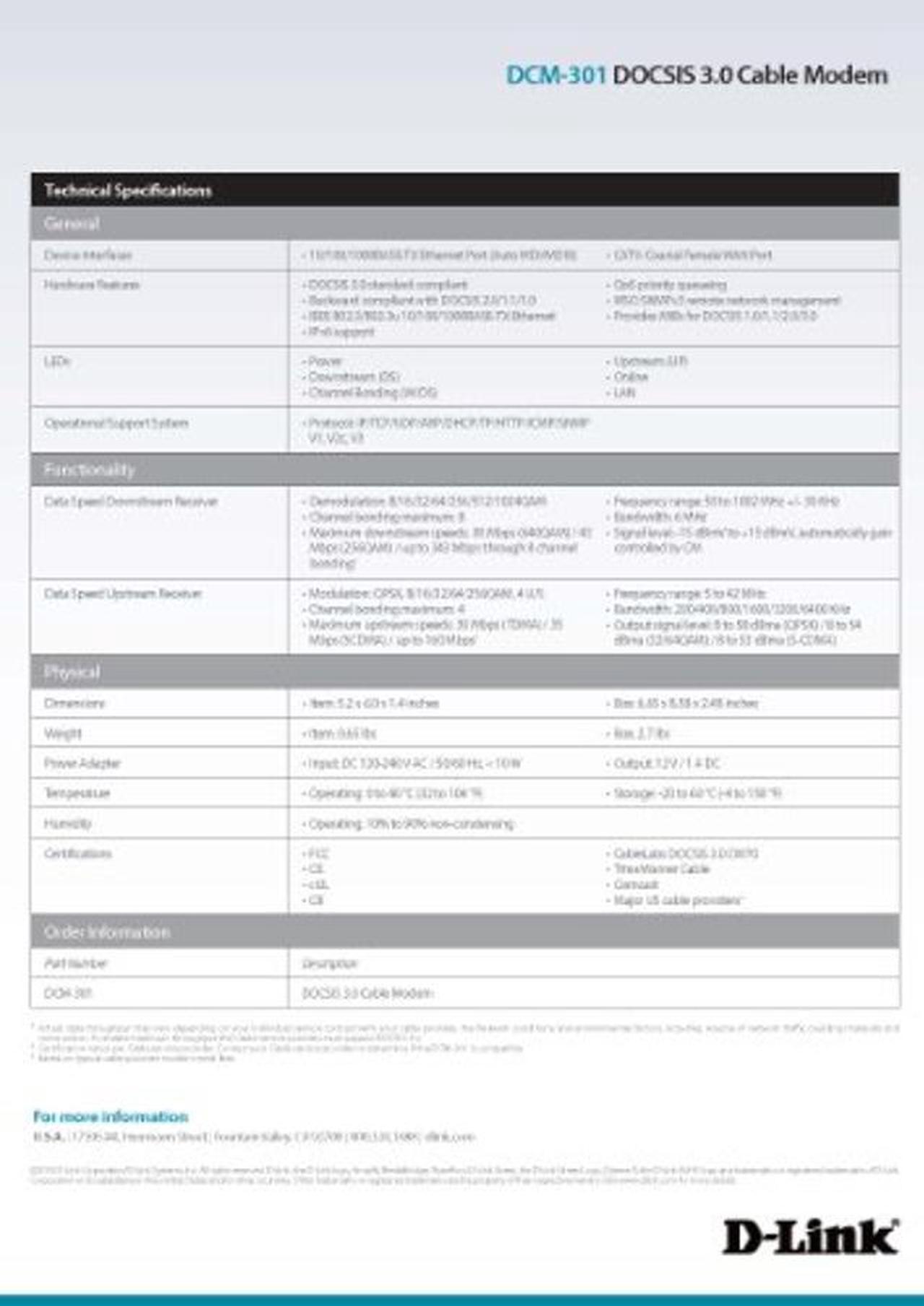 Alt view image 5 of 5 - D-Link DOCSIS 3.0 Cable Modem (DCM-301) Compatible with Comcast Xfinity, Time Warner Cable, Charter, Cox, Cablevision, and More