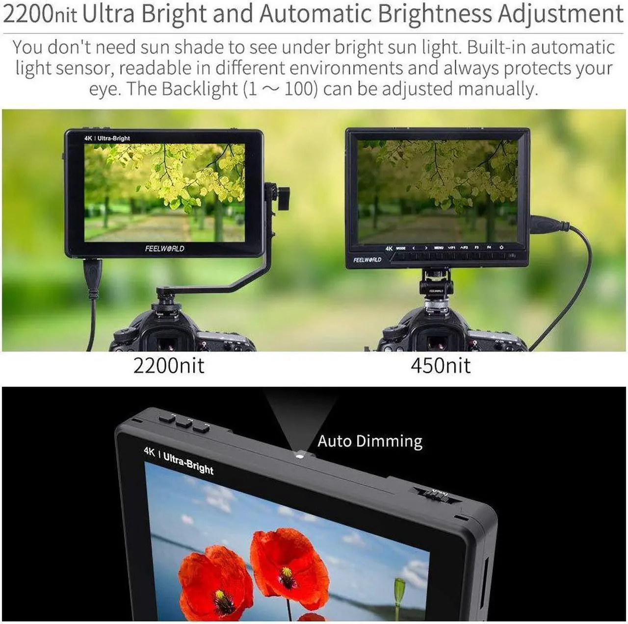 Alt view image 2 of 5 - FEELWORLD LUT7 7 Inch Ultra Bright 2200nit Touchscreen Camera DSLR Field Monitor with 3D Lut Waveform Automatic Light Sensor 1920x1200 4K HDMI Input