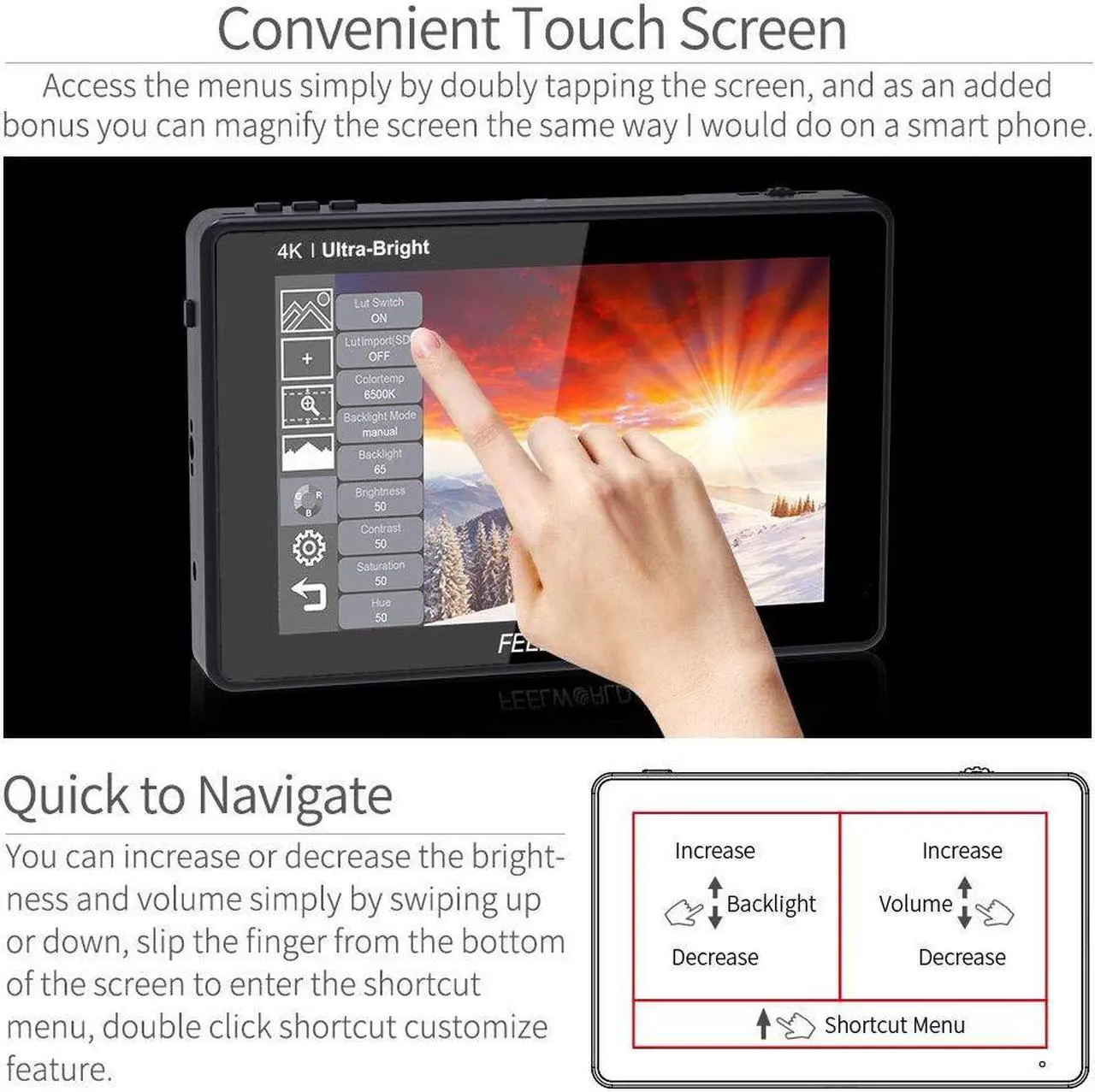 Alt view image 3 of 5 - FEELWORLD LUT7 7 Inch Ultra Bright 2200nit Touchscreen Camera DSLR Field Monitor with 3D Lut Waveform Automatic Light Sensor 1920x1200 4K HDMI Input