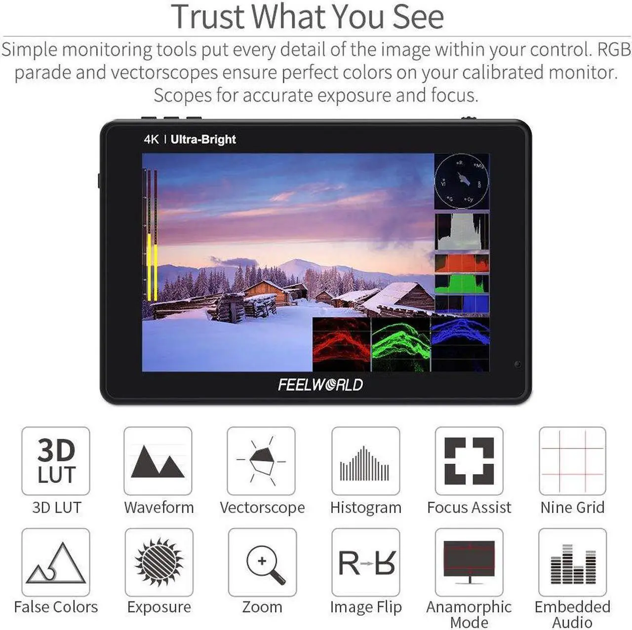 Alt view image 5 of 5 - FEELWORLD LUT7 7 Inch Ultra Bright 2200nit Touchscreen Camera DSLR Field Monitor with 3D Lut Waveform Automatic Light Sensor 1920x1200 4K HDMI Input