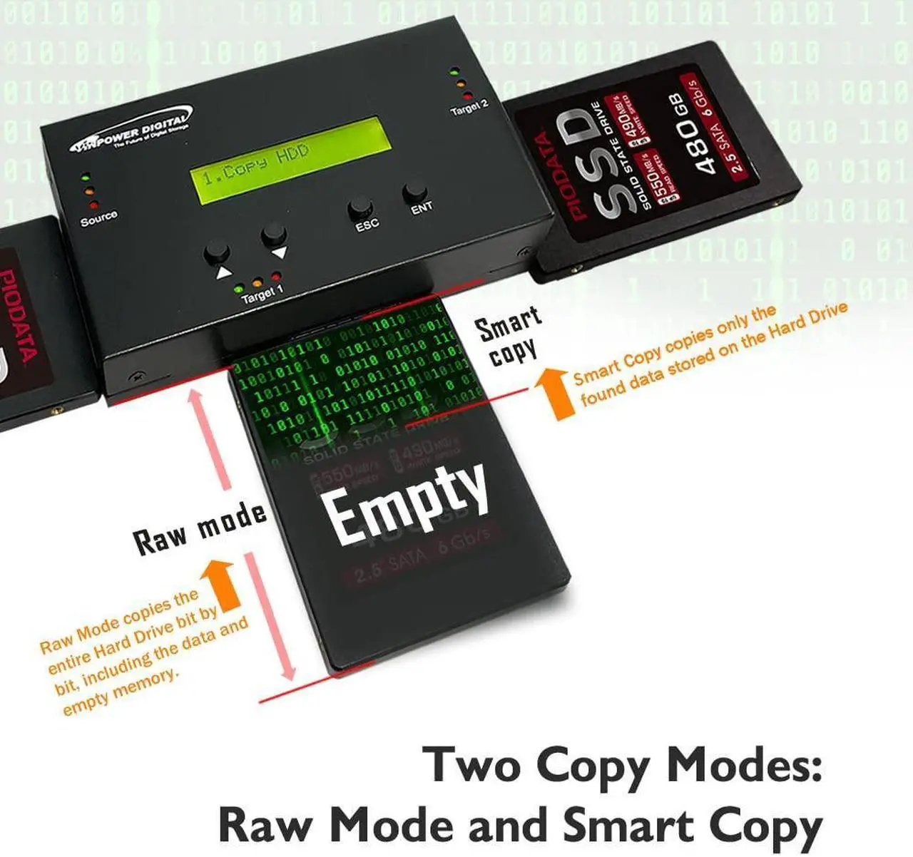 Alt view image 4 of 5 - Vinpower Digital 1 to 2 SATA 2.5" & 3.5" Hard Disk Drive/Solid State Drive (HDD/SSD) Clone Duplicator and DOD Level Eraser