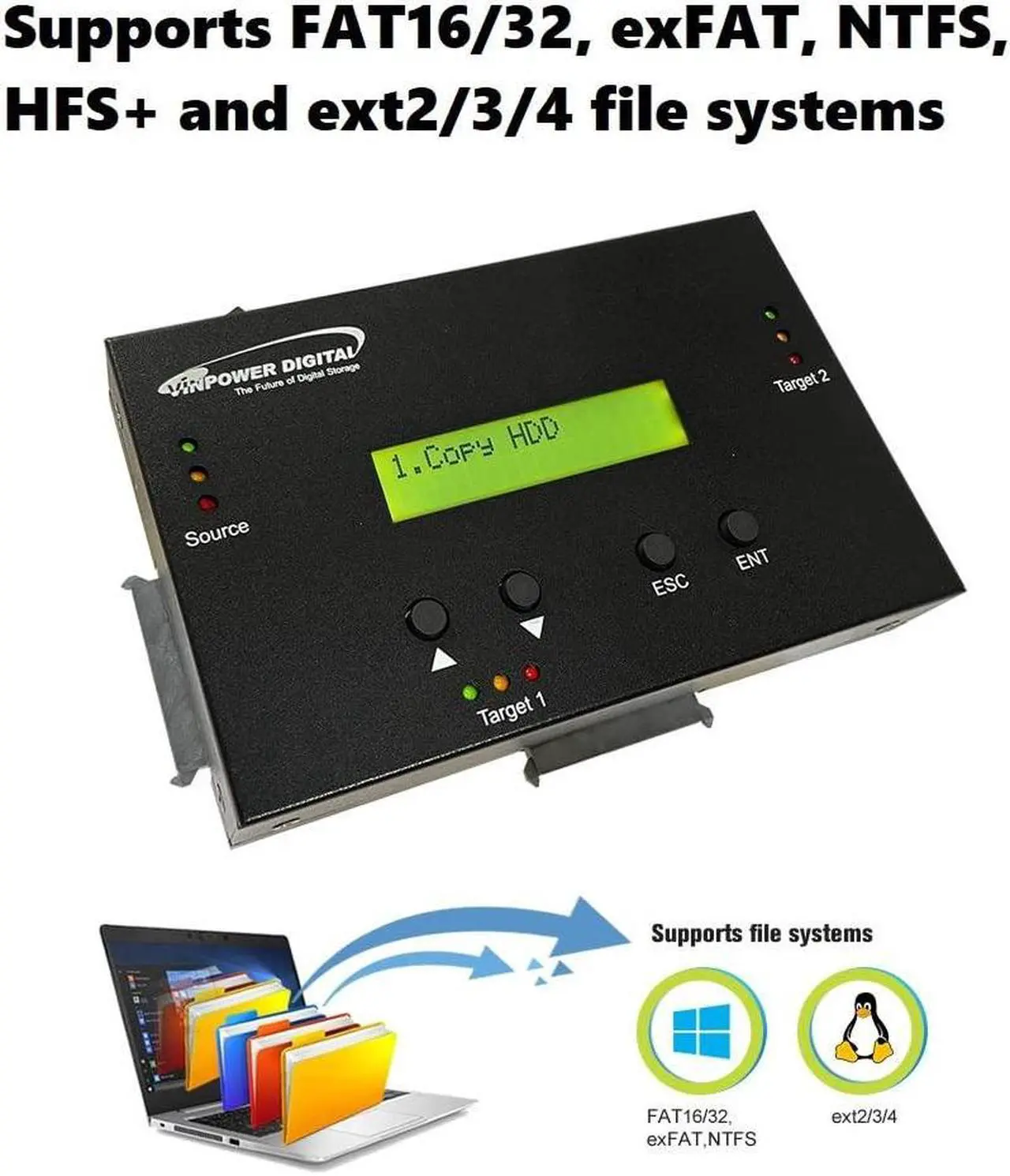 Alt view image 5 of 5 - Vinpower Digital 1 to 2 SATA 2.5" & 3.5" Hard Disk Drive/Solid State Drive (HDD/SSD) Clone Duplicator and DOD Level Eraser
