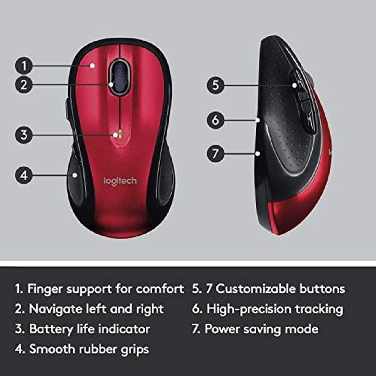 Alt view image 5 of 5 - Logitech M510 Wireless Computer Mouse - Comfortable Shape with USB Unifying Receiver, Back/Forward Buttons and Side-to-Side Scrolling - Red