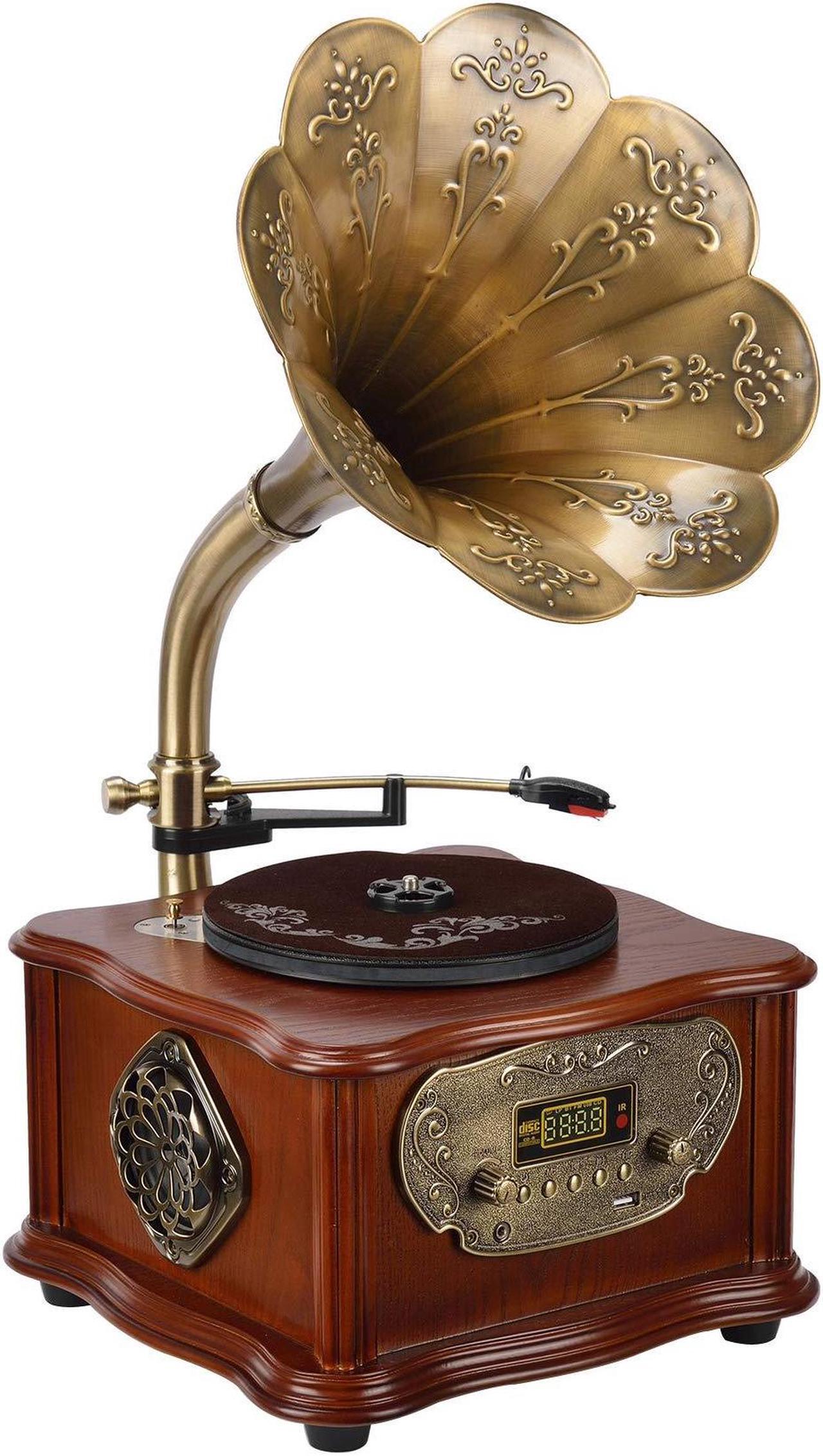 Main image of Wooden Gramophone Phonograph Turntable Vinyl Record Player Stereo Speakers System Control 33/45 RPM FM AUX USB Ouput Bluetooth 4.2