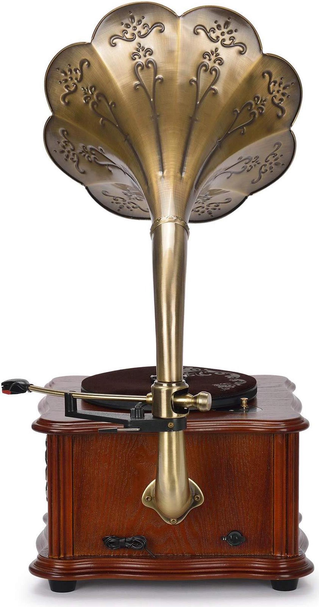 Alt view image 4 of 5 - Wooden Gramophone Phonograph Turntable Vinyl Record Player Stereo Speakers System Control 33/45 RPM FM AUX USB Ouput Bluetooth 4.2